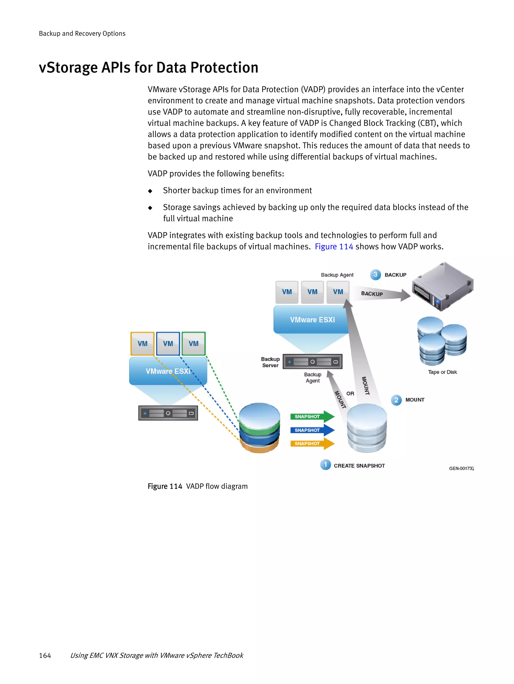 164 Using EMC VNX Storage with VMware vSphere TechBook
Backup and Recovery Options
vStorage APIs for Data Protection
VMware vStorage APIs for Data Protection (VADP) provides an interface into the vCenter
environment to create and manage virtual machine snapshots. Data protection vendors
use VADP to automate and streamline non-disruptive, fully recoverable, incremental
virtual machine backups. A key feature of VADP is Changed Block Tracking (CBT), which
allows a data protection application to identify modified content on the virtual machine
based upon a previous VMware snapshot. This reduces the amount of data that needs to
be backed up and restored while using differential backups of virtual machines.
VADP provides the following benefits:
◆ Shorter backup times for an environment
◆ Storage savings achieved by backing up only the required data blocks instead of the
full virtual machine
VADP integrates with existing backup tools and technologies to perform full and
incremental file backups of virtual machines. Figure 114 shows how VADP works.
Figure 114 VADP flow diagram
 