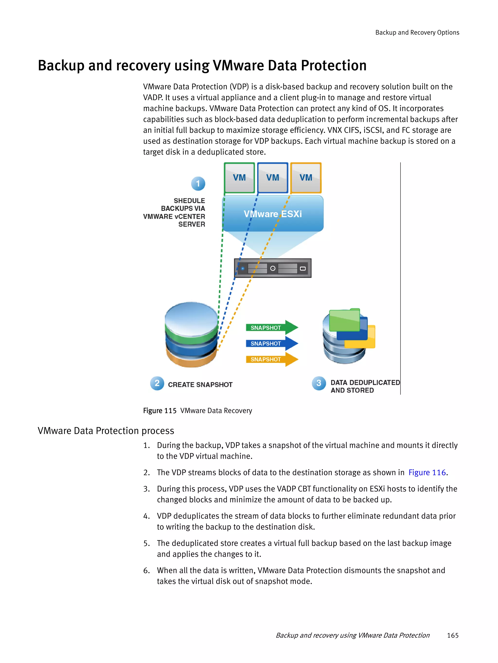 Backup and recovery using VMware Data Protection 165
Backup and Recovery Options
Backup and recovery using VMware Data Protection
VMware Data Protection (VDP) is a disk-based backup and recovery solution built on the
VADP. It uses a virtual appliance and a client plug-in to manage and restore virtual
machine backups. VMware Data Protection can protect any kind of OS. It incorporates
capabilities such as block-based data deduplication to perform incremental backups after
an initial full backup to maximize storage efficiency. VNX CIFS, iSCSI, and FC storage are
used as destination storage for VDP backups. Each virtual machine backup is stored on a
target disk in a deduplicated store.
Figure 115 VMware Data Recovery
VMware Data Protection process
1. During the backup, VDP takes a snapshot of the virtual machine and mounts it directly
to the VDP virtual machine.
2. The VDP streams blocks of data to the destination storage as shown in Figure 116.
3. During this process, VDP uses the VADP CBT functionality on ESXi hosts to identify the
changed blocks and minimize the amount of data to be backed up.
4. VDP deduplicates the stream of data blocks to further eliminate redundant data prior
to writing the backup to the destination disk.
5. The deduplicated store creates a virtual full backup based on the last backup image
and applies the changes to it.
6. When all the data is written, VMware Data Protection dismounts the snapshot and
takes the virtual disk out of snapshot mode.
 