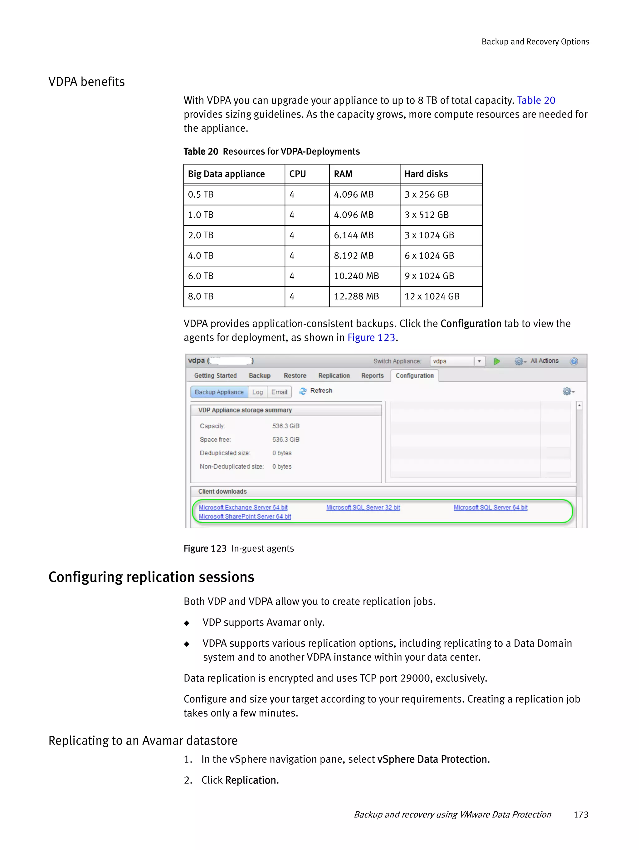 Backup and recovery using VMware Data Protection 173
Backup and Recovery Options
VDPA benefits
With VDPA you can upgrade your appliance to up to 8 TB of total capacity. Table 20
provides sizing guidelines. As the capacity grows, more compute resources are needed for
the appliance.
VDPA provides application-consistent backups. Click the Configuration tab to view the
agents for deployment, as shown in Figure 123.
Figure 123 In-guest agents
Configuring replication sessions
Both VDP and VDPA allow you to create replication jobs.
◆ VDP supports Avamar only.
◆ VDPA supports various replication options, including replicating to a Data Domain
system and to another VDPA instance within your data center.
Data replication is encrypted and uses TCP port 29000, exclusively.
Configure and size your target according to your requirements. Creating a replication job
takes only a few minutes.
Replicating to an Avamar datastore
1. In the vSphere navigation pane, select vSphere Data Protection.
2. Click Replication.
Table 20 Resources for VDPA-Deployments
Big Data appliance CPU RAM Hard disks
0.5 TB 4 4.096 MB 3 x 256 GB
1.0 TB 4 4.096 MB 3 x 512 GB
2.0 TB 4 6.144 MB 3 x 1024 GB
4.0 TB 4 8.192 MB 6 x 1024 GB
6.0 TB 4 10.240 MB 9 x 1024 GB
8.0 TB 4 12.288 MB 12 x 1024 GB
 