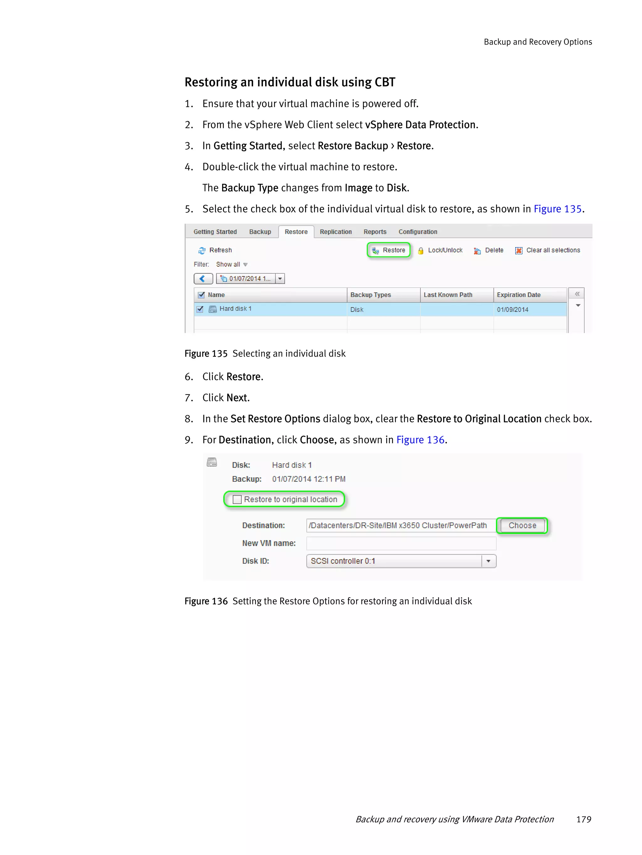 Backup and recovery using VMware Data Protection 179
Backup and Recovery Options
Restoring an individual disk using CBT
1. Ensure that your virtual machine is powered off.
2. From the vSphere Web Client select vSphere Data Protection.
3. In Getting Started, select Restore Backup > Restore.
4. Double-click the virtual machine to restore.
The Backup Type changes from Image to Disk.
5. Select the check box of the individual virtual disk to restore, as shown in Figure 135.
Figure 135 Selecting an individual disk
6. Click Restore.
7. Click Next.
8. In the Set Restore Options dialog box, clear the Restore to Original Location check box.
9. For Destination, click Choose, as shown in Figure 136.
Figure 136 Setting the Restore Options for restoring an individual disk
 