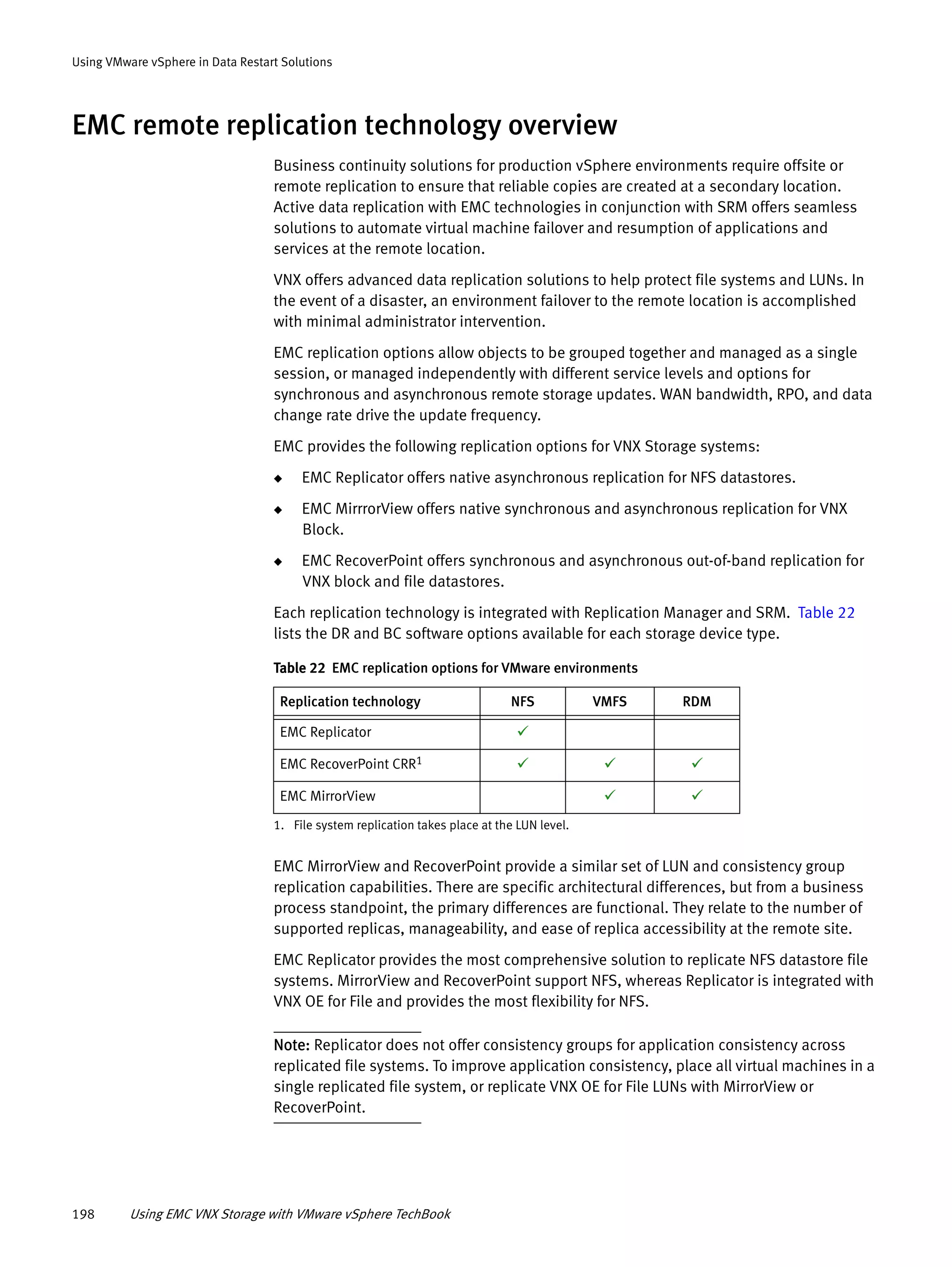198 Using EMC VNX Storage with VMware vSphere TechBook
Using VMware vSphere in Data Restart Solutions
EMC remote replication technology overview
Business continuity solutions for production vSphere environments require offsite or
remote replication to ensure that reliable copies are created at a secondary location.
Active data replication with EMC technologies in conjunction with SRM offers seamless
solutions to automate virtual machine failover and resumption of applications and
services at the remote location.
VNX offers advanced data replication solutions to help protect file systems and LUNs. In
the event of a disaster, an environment failover to the remote location is accomplished
with minimal administrator intervention.
EMC replication options allow objects to be grouped together and managed as a single
session, or managed independently with different service levels and options for
synchronous and asynchronous remote storage updates. WAN bandwidth, RPO, and data
change rate drive the update frequency.
EMC provides the following replication options for VNX Storage systems:
◆ EMC Replicator offers native asynchronous replication for NFS datastores.
◆ EMC MirrrorView offers native synchronous and asynchronous replication for VNX
Block.
◆ EMC RecoverPoint offers synchronous and asynchronous out-of-band replication for
VNX block and file datastores.
Each replication technology is integrated with Replication Manager and SRM. Table 22
lists the DR and BC software options available for each storage device type.
EMC MirrorView and RecoverPoint provide a similar set of LUN and consistency group
replication capabilities. There are specific architectural differences, but from a business
process standpoint, the primary differences are functional. They relate to the number of
supported replicas, manageability, and ease of replica accessibility at the remote site.
EMC Replicator provides the most comprehensive solution to replicate NFS datastore file
systems. MirrorView and RecoverPoint support NFS, whereas Replicator is integrated with
VNX OE for File and provides the most flexibility for NFS.
Note: Replicator does not offer consistency groups for application consistency across
replicated file systems. To improve application consistency, place all virtual machines in a
single replicated file system, or replicate VNX OE for File LUNs with MirrorView or
RecoverPoint.
Table 22 EMC replication options for VMware environments
Replication technology NFS VMFS RDM
EMC Replicator 
EMC RecoverPoint CRR1   
EMC MirrorView  
1. File system replication takes place at the LUN level.
 