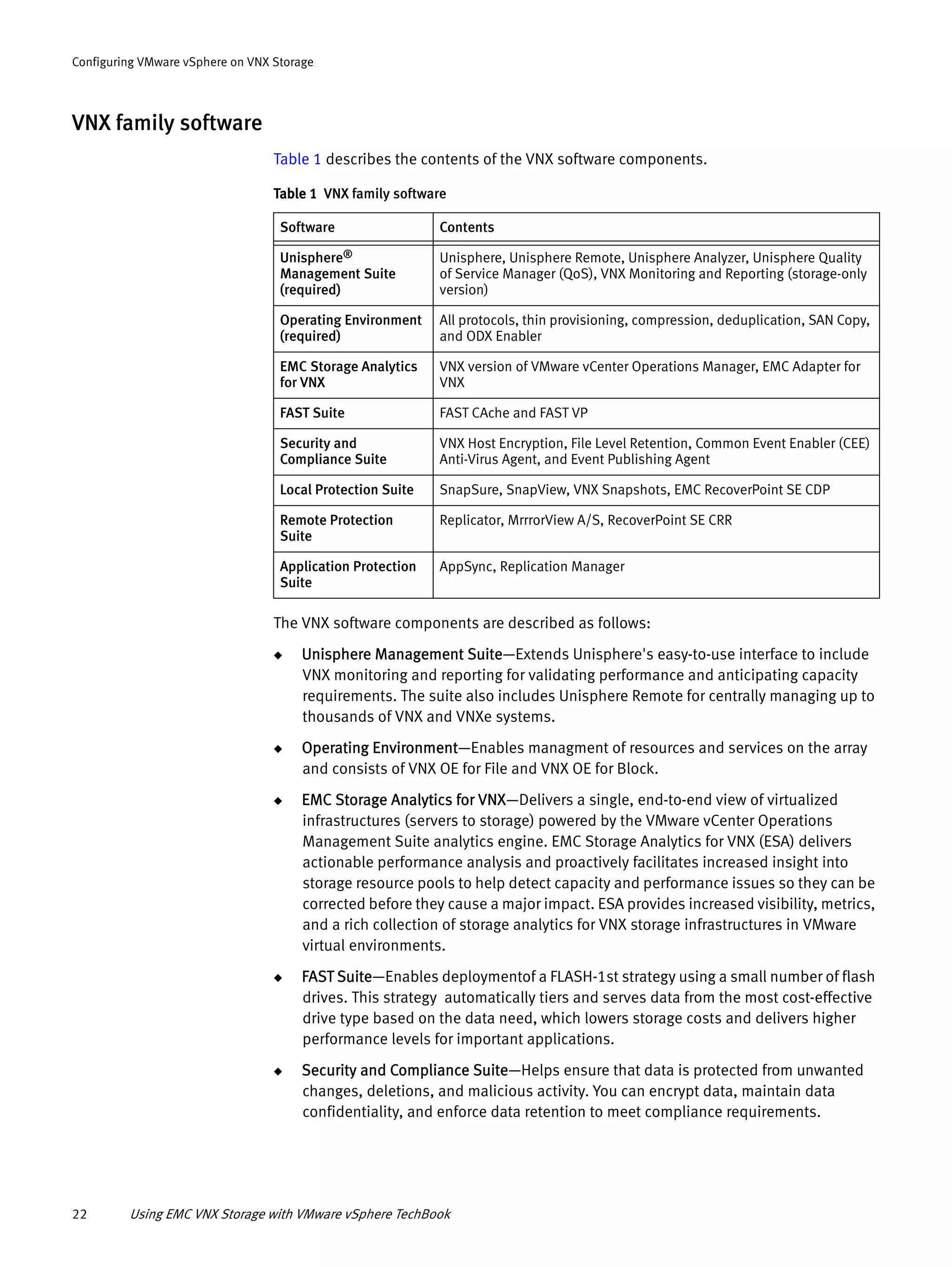 22 Using EMC VNX Storage with VMware vSphere TechBook
Configuring VMware vSphere on VNX Storage
VNX family software
Table 1 describes the contents of the VNX software components.
The VNX software components are described as follows:
◆ Unisphere Management Suite—Extends Unisphere's easy-to-use interface to include
VNX monitoring and reporting for validating performance and anticipating capacity
requirements. The suite also includes Unisphere Remote for centrally managing up to
thousands of VNX and VNXe systems.
◆ Operating Environment—Enables managment of resources and services on the array
and consists of VNX OE for File and VNX OE for Block.
◆ EMC Storage Analytics for VNX—Delivers a single, end-to-end view of virtualized
infrastructures (servers to storage) powered by the VMware vCenter Operations
Management Suite analytics engine. EMC Storage Analytics for VNX (ESA) delivers
actionable performance analysis and proactively facilitates increased insight into
storage resource pools to help detect capacity and performance issues so they can be
corrected before they cause a major impact. ESA provides increased visibility, metrics,
and a rich collection of storage analytics for VNX storage infrastructures in VMware
virtual environments.
◆ FAST Suite—Enables deploymentof a FLASH-1st strategy using a small number of flash
drives. This strategy automatically tiers and serves data from the most cost-effective
drive type based on the data need, which lowers storage costs and delivers higher
performance levels for important applications.
◆ Security and Compliance Suite—Helps ensure that data is protected from unwanted
changes, deletions, and malicious activity. You can encrypt data, maintain data
confidentiality, and enforce data retention to meet compliance requirements.
Table 1 VNX family software
Software Contents
Unisphere®
Management Suite
(required)
Unisphere, Unisphere Remote, Unisphere Analyzer, Unisphere Quality
of Service Manager (QoS), VNX Monitoring and Reporting (storage-only
version)
Operating Environment
(required)
All protocols, thin provisioning, compression, deduplication, SAN Copy,
and ODX Enabler
EMC Storage Analytics
for VNX
VNX version of VMware vCenter Operations Manager, EMC Adapter for
VNX
FAST Suite FAST CAche and FAST VP
Security and
Compliance Suite
VNX Host Encryption, File Level Retention, Common Event Enabler (CEE)
Anti-Virus Agent, and Event Publishing Agent
Local Protection Suite SnapSure, SnapView, VNX Snapshots, EMC RecoverPoint SE CDP
Remote Protection
Suite
Replicator, MrrrorView A/S, RecoverPoint SE CRR
Application Protection
Suite
AppSync, Replication Manager
 