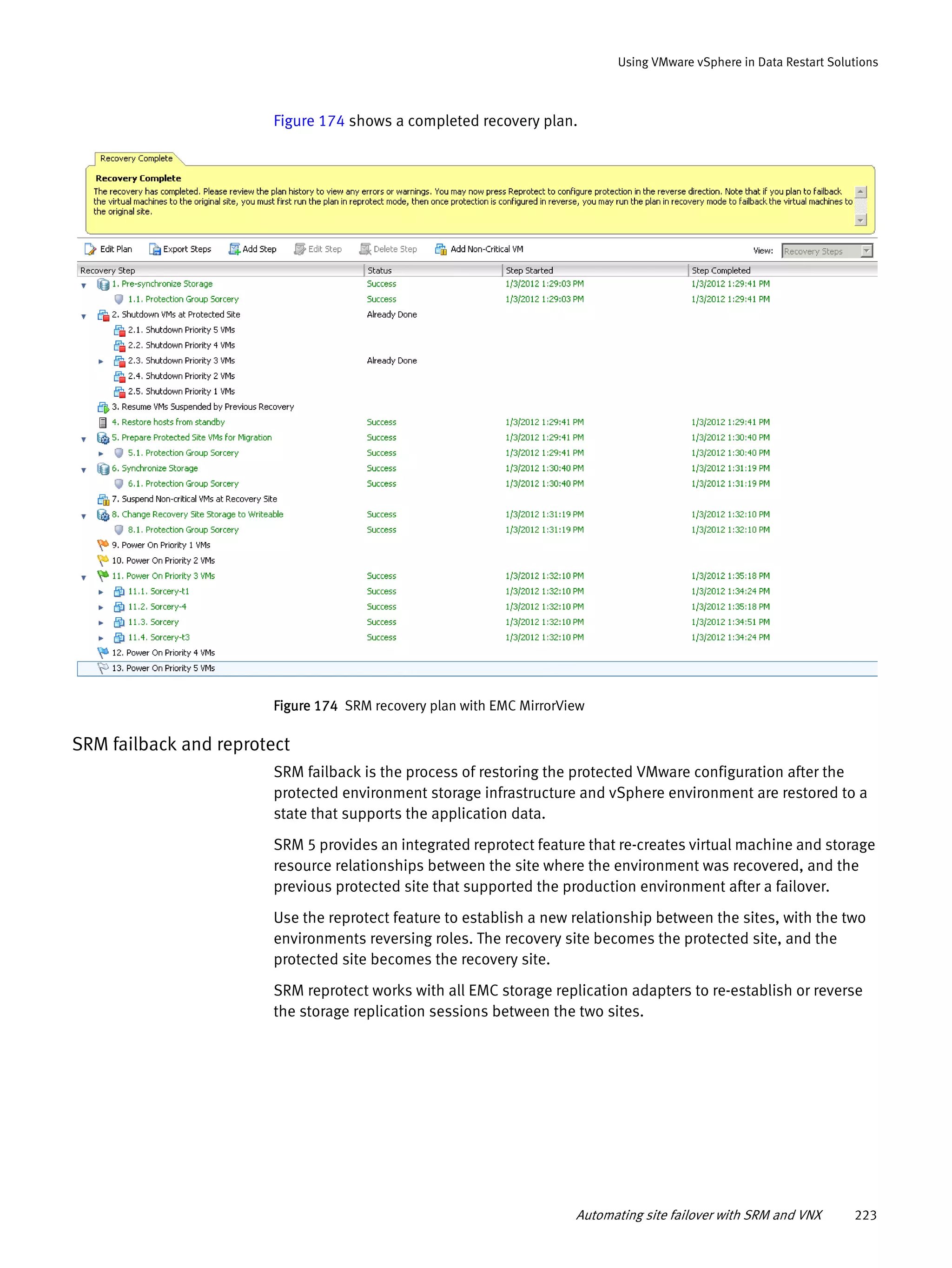 Automating site failover with SRM and VNX 223
Using VMware vSphere in Data Restart Solutions
Figure 174 shows a completed recovery plan.
Figure 174 SRM recovery plan with EMC MirrorView
SRM failback and reprotect
SRM failback is the process of restoring the protected VMware configuration after the
protected environment storage infrastructure and vSphere environment are restored to a
state that supports the application data.
SRM 5 provides an integrated reprotect feature that re-creates virtual machine and storage
resource relationships between the site where the environment was recovered, and the
previous protected site that supported the production environment after a failover.
Use the reprotect feature to establish a new relationship between the sites, with the two
environments reversing roles. The recovery site becomes the protected site, and the
protected site becomes the recovery site.
SRM reprotect works with all EMC storage replication adapters to re-establish or reverse
the storage replication sessions between the two sites.
 