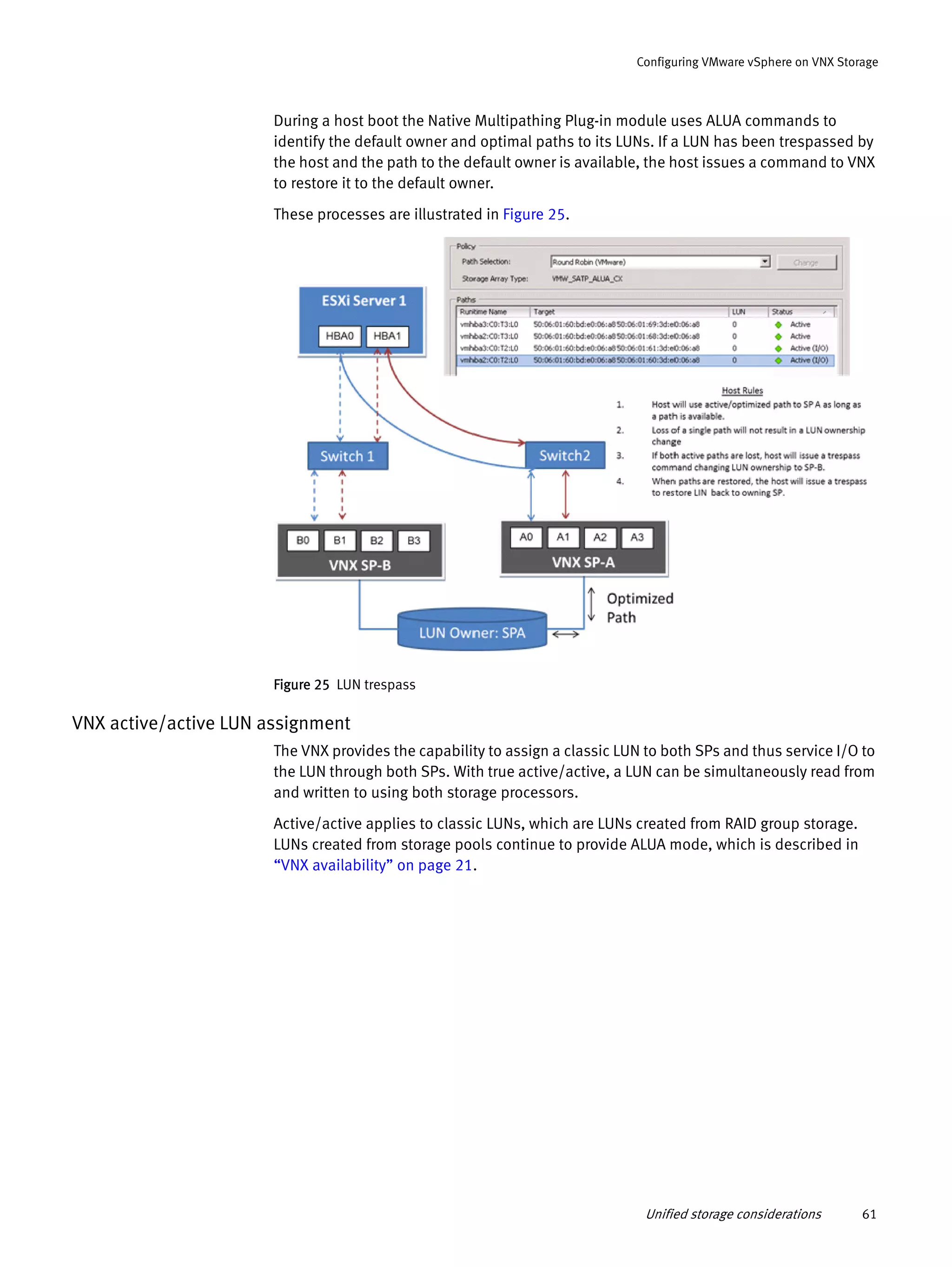 Unified storage considerations 61
Configuring VMware vSphere on VNX Storage
During a host boot the Native Multipathing Plug-in module uses ALUA commands to
identify the default owner and optimal paths to its LUNs. If a LUN has been trespassed by
the host and the path to the default owner is available, the host issues a command to VNX
to restore it to the default owner.
These processes are illustrated in Figure 25.
Figure 25 LUN trespass
VNX active/active LUN assignment
The VNX provides the capability to assign a classic LUN to both SPs and thus service I/O to
the LUN through both SPs. With true active/active, a LUN can be simultaneously read from
and written to using both storage processors.
Active/active applies to classic LUNs, which are LUNs created from RAID group storage.
LUNs created from storage pools continue to provide ALUA mode, which is described in
“VNX availability” on page 21.
 