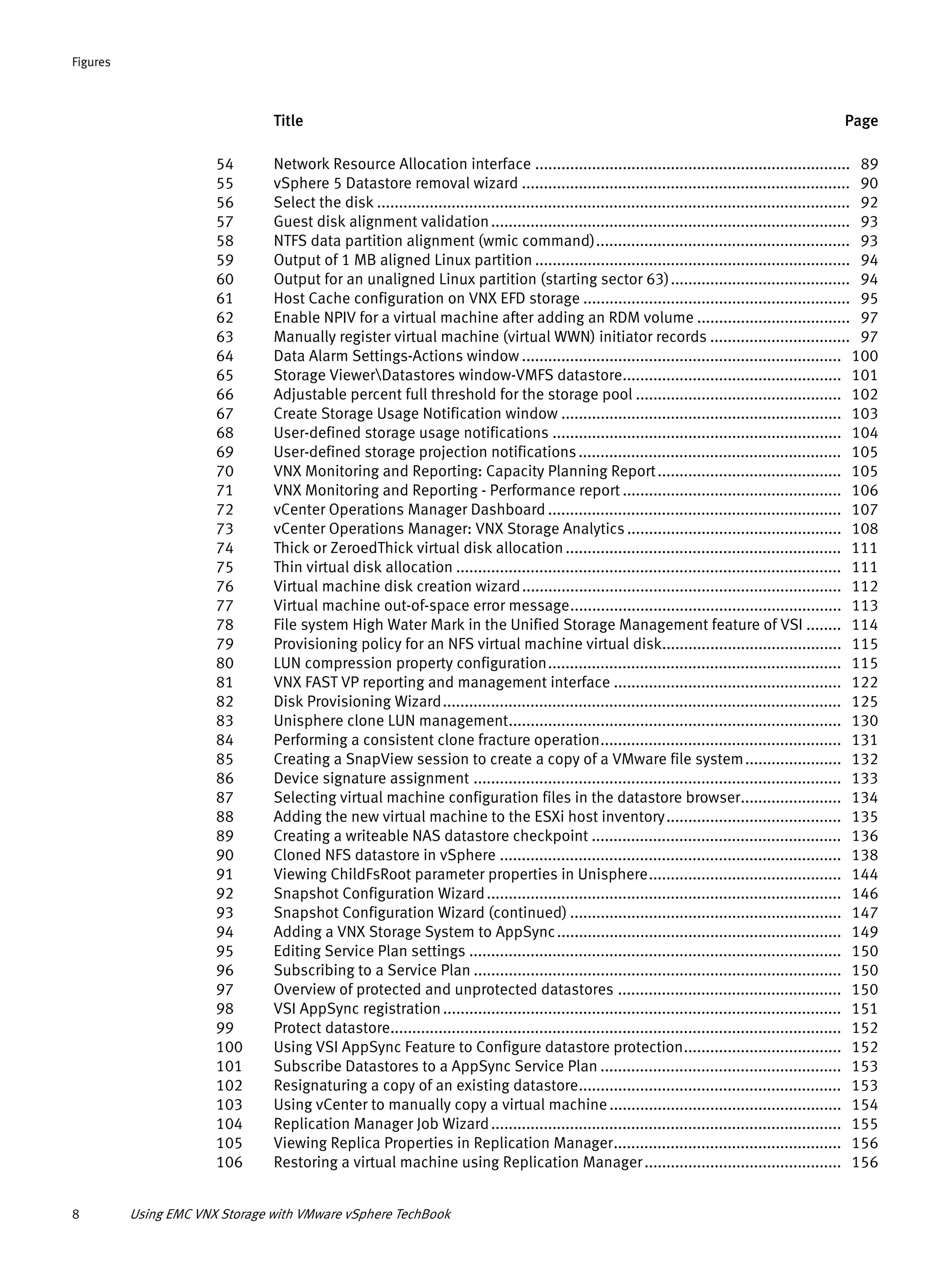 Title Page
Figures
8 Using EMC VNX Storage with VMware vSphere TechBook
54 Network Resource Allocation interface ........................................................................ 89
55 vSphere 5 Datastore removal wizard ........................................................................... 90
56 Select the disk ............................................................................................................ 92
57 Guest disk alignment validation.................................................................................. 93
58 NTFS data partition alignment (wmic command).......................................................... 93
59 Output of 1 MB aligned Linux partition ........................................................................ 94
60 Output for an unaligned Linux partition (starting sector 63)......................................... 94
61 Host Cache configuration on VNX EFD storage ............................................................. 95
62 Enable NPIV for a virtual machine after adding an RDM volume ................................... 97
63 Manually register virtual machine (virtual WWN) initiator records ................................ 97
64 Data Alarm Settings-Actions window ......................................................................... 100
65 Storage ViewerDatastores window-VMFS datastore.................................................. 101
66 Adjustable percent full threshold for the storage pool ............................................... 102
67 Create Storage Usage Notification window ................................................................ 103
68 User-defined storage usage notifications .................................................................. 104
69 User-defined storage projection notifications............................................................ 105
70 VNX Monitoring and Reporting: Capacity Planning Report.......................................... 105
71 VNX Monitoring and Reporting - Performance report .................................................. 106
72 vCenter Operations Manager Dashboard ................................................................... 107
73 vCenter Operations Manager: VNX Storage Analytics................................................. 108
74 Thick or ZeroedThick virtual disk allocation............................................................... 111
75 Thin virtual disk allocation ........................................................................................ 111
76 Virtual machine disk creation wizard......................................................................... 112
77 Virtual machine out-of-space error message.............................................................. 113
78 File system High Water Mark in the Unified Storage Management feature of VSI ........ 114
79 Provisioning policy for an NFS virtual machine virtual disk......................................... 115
80 LUN compression property configuration................................................................... 115
81 VNX FAST VP reporting and management interface .................................................... 122
82 Disk Provisioning Wizard........................................................................................... 125
83 Unisphere clone LUN management............................................................................ 130
84 Performing a consistent clone fracture operation....................................................... 131
85 Creating a SnapView session to create a copy of a VMware file system...................... 132
86 Device signature assignment .................................................................................... 133
87 Selecting virtual machine configuration files in the datastore browser....................... 134
88 Adding the new virtual machine to the ESXi host inventory........................................ 135
89 Creating a writeable NAS datastore checkpoint ......................................................... 136
90 Cloned NFS datastore in vSphere .............................................................................. 138
91 Viewing ChildFsRoot parameter properties in Unisphere............................................ 144
92 Snapshot Configuration Wizard................................................................................. 146
93 Snapshot Configuration Wizard (continued) .............................................................. 147
94 Adding a VNX Storage System to AppSync................................................................. 149
95 Editing Service Plan settings ..................................................................................... 150
96 Subscribing to a Service Plan .................................................................................... 150
97 Overview of protected and unprotected datastores ................................................... 150
98 VSI AppSync registration........................................................................................... 151
99 Protect datastore....................................................................................................... 152
100 Using VSI AppSync Feature to Configure datastore protection.................................... 152
101 Subscribe Datastores to a AppSync Service Plan ....................................................... 153
102 Resignaturing a copy of an existing datastore............................................................ 153
103 Using vCenter to manually copy a virtual machine..................................................... 154
104 Replication Manager Job Wizard................................................................................ 155
105 Viewing Replica Properties in Replication Manager.................................................... 156
106 Restoring a virtual machine using Replication Manager............................................. 156
 