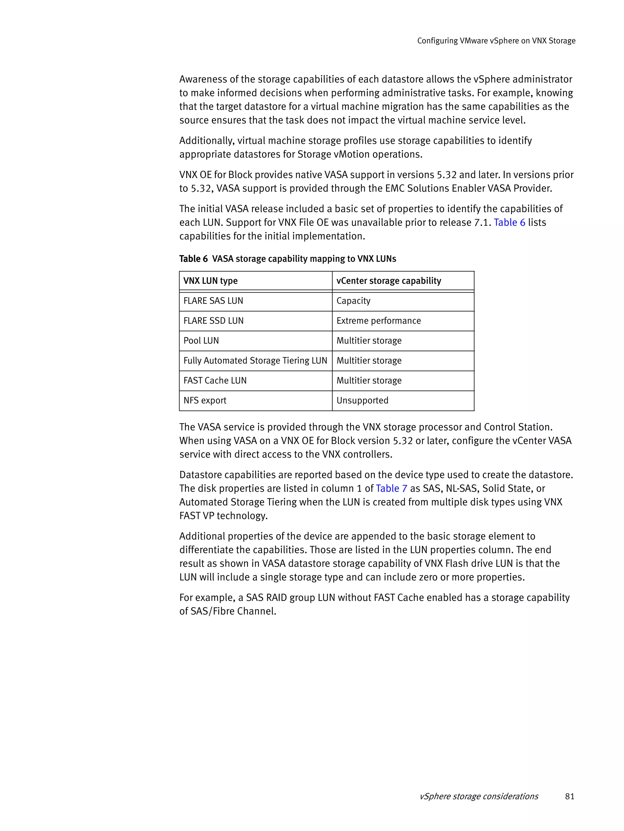 vSphere storage considerations 81
Configuring VMware vSphere on VNX Storage
Awareness of the storage capabilities of each datastore allows the vSphere administrator
to make informed decisions when performing administrative tasks. For example, knowing
that the target datastore for a virtual machine migration has the same capabilities as the
source ensures that the task does not impact the virtual machine service level.
Additionally, virtual machine storage profiles use storage capabilities to identify
appropriate datastores for Storage vMotion operations.
VNX OE for Block provides native VASA support in versions 5.32 and later. In versions prior
to 5.32, VASA support is provided through the EMC Solutions Enabler VASA Provider.
The initial VASA release included a basic set of properties to identify the capabilities of
each LUN. Support for VNX File OE was unavailable prior to release 7.1. Table 6 lists
capabilities for the initial implementation.
The VASA service is provided through the VNX storage processor and Control Station.
When using VASA on a VNX OE for Block version 5.32 or later, configure the vCenter VASA
service with direct access to the VNX controllers.
Datastore capabilities are reported based on the device type used to create the datastore.
The disk properties are listed in column 1 of Table 7 as SAS, NL-SAS, Solid State, or
Automated Storage Tiering when the LUN is created from multiple disk types using VNX
FAST VP technology.
Additional properties of the device are appended to the basic storage element to
differentiate the capabilities. Those are listed in the LUN properties column. The end
result as shown in VASA datastore storage capability of VNX Flash drive LUN is that the
LUN will include a single storage type and can include zero or more properties.
For example, a SAS RAID group LUN without FAST Cache enabled has a storage capability
of SAS/Fibre Channel.
Table 6 VASA storage capability mapping to VNX LUNs
VNX LUN type vCenter storage capability
FLARE SAS LUN Capacity
FLARE SSD LUN Extreme performance
Pool LUN Multitier storage
Fully Automated Storage Tiering LUN Multitier storage
FAST Cache LUN Multitier storage
NFS export Unsupported
 
