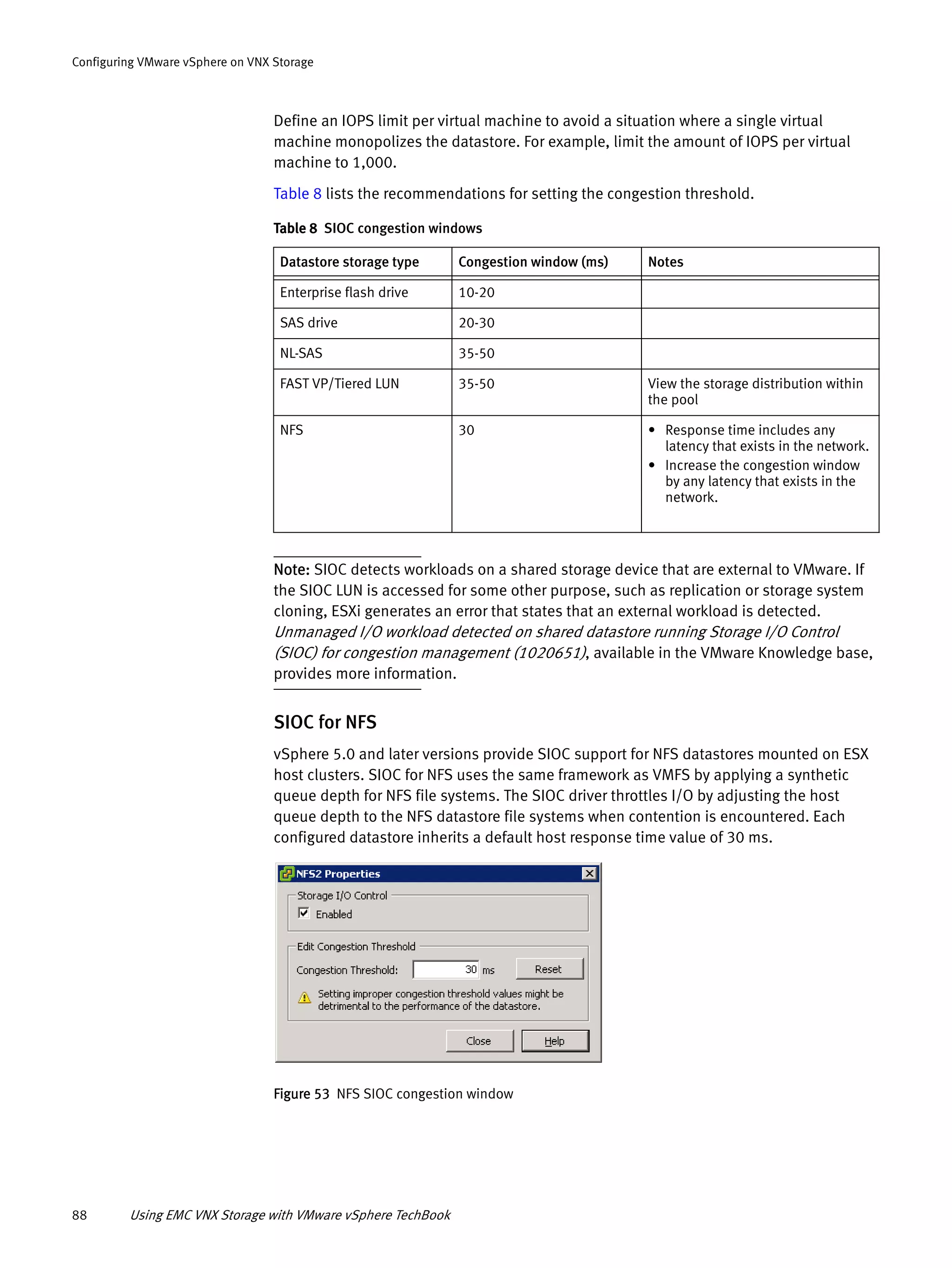 88 Using EMC VNX Storage with VMware vSphere TechBook
Configuring VMware vSphere on VNX Storage
Define an IOPS limit per virtual machine to avoid a situation where a single virtual
machine monopolizes the datastore. For example, limit the amount of IOPS per virtual
machine to 1,000.
Table 8 lists the recommendations for setting the congestion threshold.
Note: SIOC detects workloads on a shared storage device that are external to VMware. If
the SIOC LUN is accessed for some other purpose, such as replication or storage system
cloning, ESXi generates an error that states that an external workload is detected.
Unmanaged I/O workload detected on shared datastore running Storage I/O Control
(SIOC) for congestion management (1020651), available in the VMware Knowledge base,
provides more information.
SIOC for NFS
vSphere 5.0 and later versions provide SIOC support for NFS datastores mounted on ESX
host clusters. SIOC for NFS uses the same framework as VMFS by applying a synthetic
queue depth for NFS file systems. The SIOC driver throttles I/O by adjusting the host
queue depth to the NFS datastore file systems when contention is encountered. Each
configured datastore inherits a default host response time value of 30 ms.
Figure 53 NFS SIOC congestion window
Table 8 SIOC congestion windows
Datastore storage type Congestion window (ms) Notes
Enterprise flash drive 10-20
SAS drive 20-30
NL-SAS 35-50
FAST VP/Tiered LUN 35-50 View the storage distribution within
the pool
NFS 30 • Response time includes any
latency that exists in the network.
• Increase the congestion window
by any latency that exists in the
network.
 