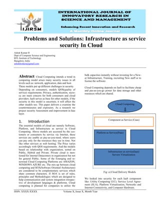 ISSN: XXXX-XXXX Volume X, Issue X, Month Year
Problems and Solutions: Infrastructure as service
security In Cloud
Ashok Kumar H
Dept of Computer Science and Engineering
BTL Institute of Technology
Bangalore, India
ashokhoskera@gmail.com
Abstract: Cloud Computing intends a trend in
computing model arises many security issues in all
levels such as: network, application, data and host.
These models put up different challenges in security
Depending on consumers, models QOS(quality of
service) requirements. Privacy, authentication, secre-
cy are main concern for both consumers and cloud
providers. IaaS serves as base for other models, if the
security in this model is uncertain; it will affect the
other models too. This paper delivers a examine the
countermeasures and exposures. As a research we
project security Assessment and improvement in Iaas
layer.
1. Introduction
The essential models of cloud are namely Software,
Platform, and Infrastructure as service in Cloud
Computing. Above models are accessed by the cus-
tomers or consumers by service via Internet, these
services are usable as pay-as-you-need, where users
can pay only for the resources they use in time. Not
like other services as web hosting. The Price varies
accordingly with QOS requirements. And the models
based on relationship with organization, sorted on
Public, Hybrid and Private. Private cloud is men-
tioned for internal Datacenters in organization but not
for general Public. Some of the Emerging and re-
nowned Cloud Computing Platforms are AMAZON,
WINDOWS AZURE etc. The mix-up between cloud
computing and SOA(Software Oriented Architecture)
are considered to be complementary services which
share common characters. If SOA is set of rules,
principles and Methodologies which are designed to
help communication and system integration irrespec-
tive of development languages & platforms. Cloud
computing is planned for companies to utilize the
bulk capacities instantly without investing for a New-
er Infrastructure, Training, recruiting New staff or to
license the software.
Cloud Computing depends on IaaS to facilitate cheap
and pas-as-you-go power for data storage and other
resources which are shared.
Fig: a) Cloud Delivery Models
We looked into security for each IaaS component
like: Utility Computing (UC), Service Level Agree-
ment (SLA), Platform Virtualization, Networks and
Internet Connectivity, and Computer Hardware.
Component as Service (Caas)
Platform as Service(Paas)
Infrastructure as service(Iaas)
Servers Virtualization
Cloud Computing
 