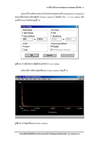 การใชงานโปรแกรม Pspice for windows เบื้องตน 13
เอกสารนี้จัดทําขึ้นเพื่อใชในการเรียนการสอนเทานั้น ไมมีจุดมุงหมายในเชิงพาณิชย mts@kmitnb.ac.th
นอกจากนี้ หากตองการวิเคราะห สวนประกอบของความถี่ (Fundamental of frequency)
สามารถใชการวิเคราะหทางฟูเรียร (Fourier Analysis) โดยเลือก Plot / X axis settings คลิก
เมาสที่ Fourier ในหนาตางรูปที่ 14
รูปที่ 14 การเลือกวิเคราะหฟูเรียรบนหนาตาง X axis settings
หลังจากนั้น จะไดกราฟรูปคลื่นแบบ Fourier Analysis ดังรูปที่ 15
รูปที่ 15 กราฟรูปคลื่นแบบ Fourier Analysis
 