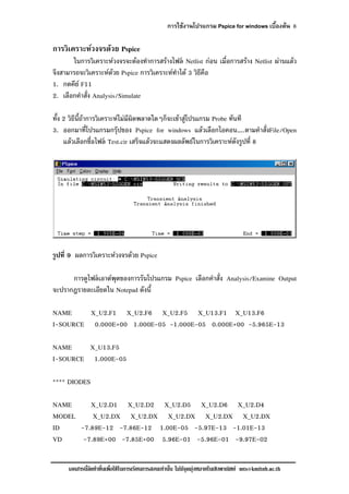 การใชงานโปรแกรม Pspice for windows เบื้องตน 8
เอกสารนี้จัดทําขึ้นเพื่อใชในการเรียนการสอนเทานั้น ไมมีจุดมุงหมายในเชิงพาณิชย mts@kmitnb.ac.th
การวิเคราะหวงจรดวย Pspice
ในการวิเคราะหวงจรจะตองทําการสรางไฟล Netlist กอน เมื่อการสราง Netlist ผานแลว
จึงสามารถจะวิเคราะหดวย Pspice การวิเคราะหทําได 3 วิธีคือ
1. กดคีย F11
2. เลือกคําสั่ง Analysis/Simulate
ทั้ง 2 วิธีนี้ถาการวิเคราะหไมมีผิดพลาดใดๆก็จะเขาสูโปรแกรม Probe ทันที
3. ออกมาที่โปรแกรมกรุปของ Pspice for windows แลวเลือกไอคอน…..ตามคําสั่งFile/Open
แลวเลือกชื่อไฟล Test.cir เสร็จแลวจะแสดงผลลัพธในการวิเคราะหดังรูปที่ 8
รูปที่ 9 ผลการวิเคราะหวงจรดวย Pspice
การดูไฟลเอาตพุตของการรันโปรแกรม Pspice เลือกคําสั่ง Analysis/Examine Output
จะปรากฎรายละเอียดใน Notepad ดังนี้
NAME X_U2.F1 X_U2.F6 X_U2.F5 X_U13.F1 X_U13.F6
I-SOURCE 0.000E+00 1.000E-05 -1.000E-05 0.000E+00 -5.965E-13
NAME X_U13.F5
I-SOURCE 1.000E-05
**** DIODES
NAME X_U2.D1 X_U2.D2 X_U2.D5 X_U2.D6 X_U2.D4
MODEL X_U2.DX X_U2.DX X_U2.DX X_U2.DX X_U2.DX
ID -7.89E-12 -7.86E-12 1.00E-05 -5.97E-13 -1.01E-13
VD -7.89E+00 -7.85E+00 5.96E-01 -5.96E-01 -9.97E-02
 