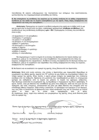 30
παντοδαπῶς δὲ κακοὶ») ενδυναμώνουν την πειστικότητα των απόψεων που αναπτύσσονται,
εμπλουτίζοντας την επιχειρηματολογία κατά βάθος και πλάτος.
5. Να επισημάνετε τις αντιθέσεις του κειμένου με τις οποίες τονίζεται ότι το λάθος («ἁμαρτάνειν»)
συνδέεται με την κακία και το σωστό («κατορθοῦν») με την αρετή. Ποιες λέξεις αναφέρονται στο
«ἁμαρτάνειν» και ποιες στο «κατορθοῦν»;
Απάντηση: Προκειμένου να τονιστεί η αντίθεση ανάμεσα στην κακία και το λάθος από τη μια
και την αρετή και το σωστό από την άλλη, ο φιλόσοφος χρησιμοποιεί πληθώρα αντιθέσεων που
συνδέονται με τους αντιθετικούς συνδέσμους «μὲν – δέ». Συγκεκριμένα, οι έννοιες που αντιτίθενται
είναι οι εξής:
«τὸ ἁμαρτάνειν» ≠ «τὸ κατορθοῦν»
«πολλαχῶς» ≠ «μοναχῶς»
«τὸ κακὸν» ≠ «τὸ ἀγαθὸν»
«τὸ ἄπειρον» ≠ «τὸ πεπερασμένον»
«ῥᾴδιον» ≠ «χαλεπὸν»
«τὸ ἀποτυχεῖν» ≠ «τὸ ἐπιτυχεῖν»
«κακία» ≠ «ἀρετὴ»
«ὑπερβολὴ-ἔλλειψις» ≠ «μεσότης»
«ἐσθλοὶ» ≠ «κακοὶ»
«ἁπλῶς» ≠ «παντοδαπῶς»
Να σημειώσουμε σ’ αυτό το σημείο ότι οι έννοιες που βρίσκονται στο πρώτο σκέλος των
αντιθέσεων, μαζί με τα «τῷ ἐλλείπειν» και «(τῷ) ὑπερβάλλειν» που αναφέρονται στο τέλος του
κειμένου, αναφέρονται στο «ἁμαρτάνειν». Αντίθετα οι έννοιες που βρίσκονται στο δεύτερο σκέλος των
αντιθέσεων, μαζί με τα «εὑρίσκειν» και «αἱρεῖσθαι» που επίσης αναφέρονται στο τέλος του κειμένου,
αναφέρονται στο «κατορθοῦν».
6. Να δώσετε και να αναλύσετε τον ορισμό της αρετής, όπως δίνεται από τον Αριστοτέλη.
Απάντηση: Μετά από εννέα ενότητες, στις οποίες ο Αριστοτέλης μας παρουσίαζε βήμα-βήμα τα
γνωρίσματα της ηθικής αρετής, έρχεται στη 10
η
ενότητα να μας δώσει ως συμπέρασμα («ἄρα») τον
πλήρη ορισμό της αρετής. Είναι, λοιπόν, η αρετή μόνιμο στοιχείο του χαρακτήρα που επιλέγεται
ελεύθερα από τον άνθρωπο. Βρίσκεται στη μεσότητα που προσδιορίζεται με βάση τα υποκειμενικά
κριτήρια και καθορίζεται από τη λογική και μάλιστα τη λογική του φρόνιμου ανθρώπου.
Πριν δώσουμε αναλυτικά τα γνωρίσματά της, ας θυμηθούμε τι περιεχόμενο της δίνει ο φιλόσοφος. Η
αρετή, λοιπόν, είναι μια ιδιότητα που αποδίδεται όχι μόνο στον άνθρωπο, αλλά και στα ζώα και στα
πράγματα. Δεν είναι, επομένως, αποκλειστικά και μόνο μια ηθική ιδιότητα που απορρέει από την
επανάληψη ηθικών ενεργειών, αλλά επίσης η ικανότητα, το προτέρημα των έμψυχων ή των άψυχων,
που τους δίνει τη δυνατότητα να βρίσκονται στην τέλεια κατάστασή τους και να επιτελούν με σωστό
τρόπο το έργο για το οποίο είναι προορισμένα από τη φύση.
Ας περάσουμε, όμως, τώρα στην ανάλυση των γνωρισμάτων της αρετής, όπως αυτά δίνονται μέσα
από τον ορισμό της:
 