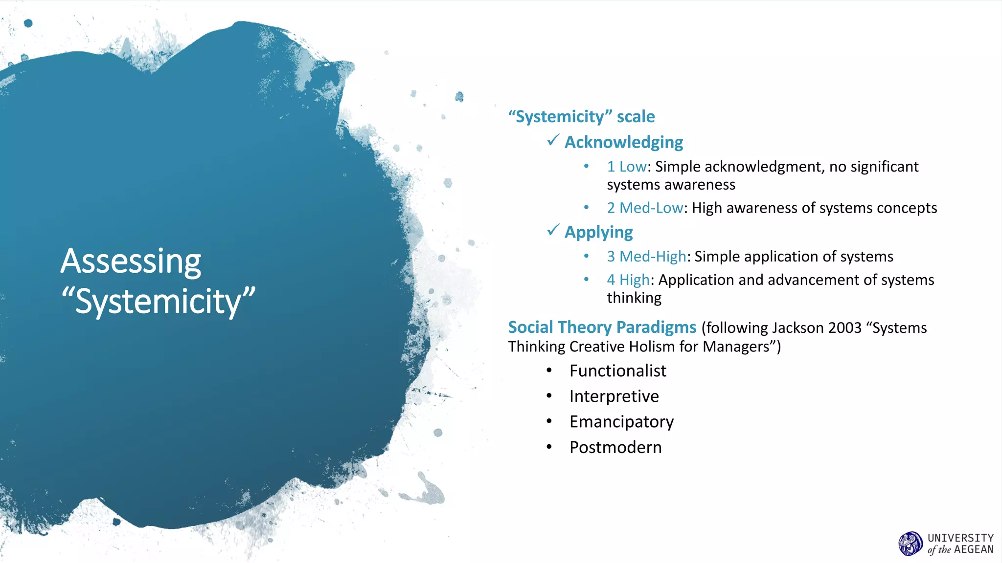 Assessing
“Systemicity”
“Systemicity” scale
✓ Acknowledging
• 1 Low: Simple acknowledgment, no significant
systems awareness
• 2 Med-Low: High awareness of systems concepts
✓ Applying
• 3 Med-High: Simple application of systems
• 4 High: Application and advancement of systems
thinking
Social Theory Paradigms (following Jackson 2003 “Systems
Thinking Creative Holism for Managers”)
• Functionalist
• Interpretive
• Emancipatory
• Postmodern
 