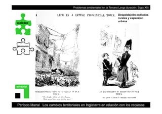 Problemas ambientales en la Tercera Larga duración. Siglo XIX
Despoblación poblados
rurales y expansión
sociedad
rurales y expansión
urbana
economía
territorial
Período liberal Los cambios territoriales en Inglaterra en relación con los recursos
 