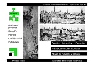 Problemas ambientales en la Tercera Larga duración. Siglo XIX
sociedad
CrecimientoCrecimiento
población
Migración
Pobreza
Conflicto social
M l C di i l b l
Deterioro físico urbano. Desorden
Proletariado
Malas Condiciones laborales
urbana
Abuso de recursos y espacio
Período liberal La ciudad de la noche espantosa
 