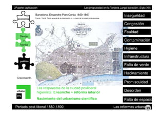 2ª parte: aplicación Las propuestas en la Tercera Larga duración. Siglo XIX
í
Barcelona. Ensanche Plan Cerdá 1859-1867
Fuente: Cerdá Teoría general de la urbanización en Lo mejor de la ciudad contemporánea
Inseguridad
economía Fuente: Cerdá. Teoría general de la urbanización en Lo mejor de la ciudad contemporánea
Fealdad
Congestión
Ciencia
Técnica
y Contaminación
Fealdad
Técnica
Higiene
Infraestructura
política
Falta de verde
Crecimiento
Promiscuidad
Hacinamiento
urbana
arq
Las respuestas de la ciudad posliberal
higienista: Ensanche + reforma interior
N i i t d l b i i tífi
Desorden
Período post-liberal 1850-1890 Las reformas urbanas.
Nacimiento del urbanismo científico Falta de espacio
29
 