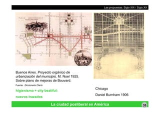 Las propuestas. Siglo XIX / Siglo XX
Buenos Aires. Proyecto orgánico de
urbanización del municipio. M. Noel 1925.
Sobre plano de mejoras de Bouvard.
higienismo + city beatiful:
p j
Fuente: Diccionario Clarín
Chicago
Daniel Burnham 1906
La ciudad posliberal en América
nuevos trazados
Daniel Burnham 1906
35
 