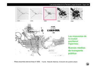 Las propuestas en la Tercera Larga duración. Siglo XIX
Las respuestas de
la ciudad
posliberalp
higienista:
Nuevos medios
de transportede transporte
público
Plano recorrido tranvía línea 4 1909 Fuente: Retarolli; Martínez. Evolución de la planta urbana
38
 
