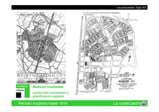 Las propuestas. Siglo XX
Nuevas ciudades
control del crecimiento y
territorial
urbana
Período moderno hasta 1914 La ciudad jardín
y
planificación regional
43
 