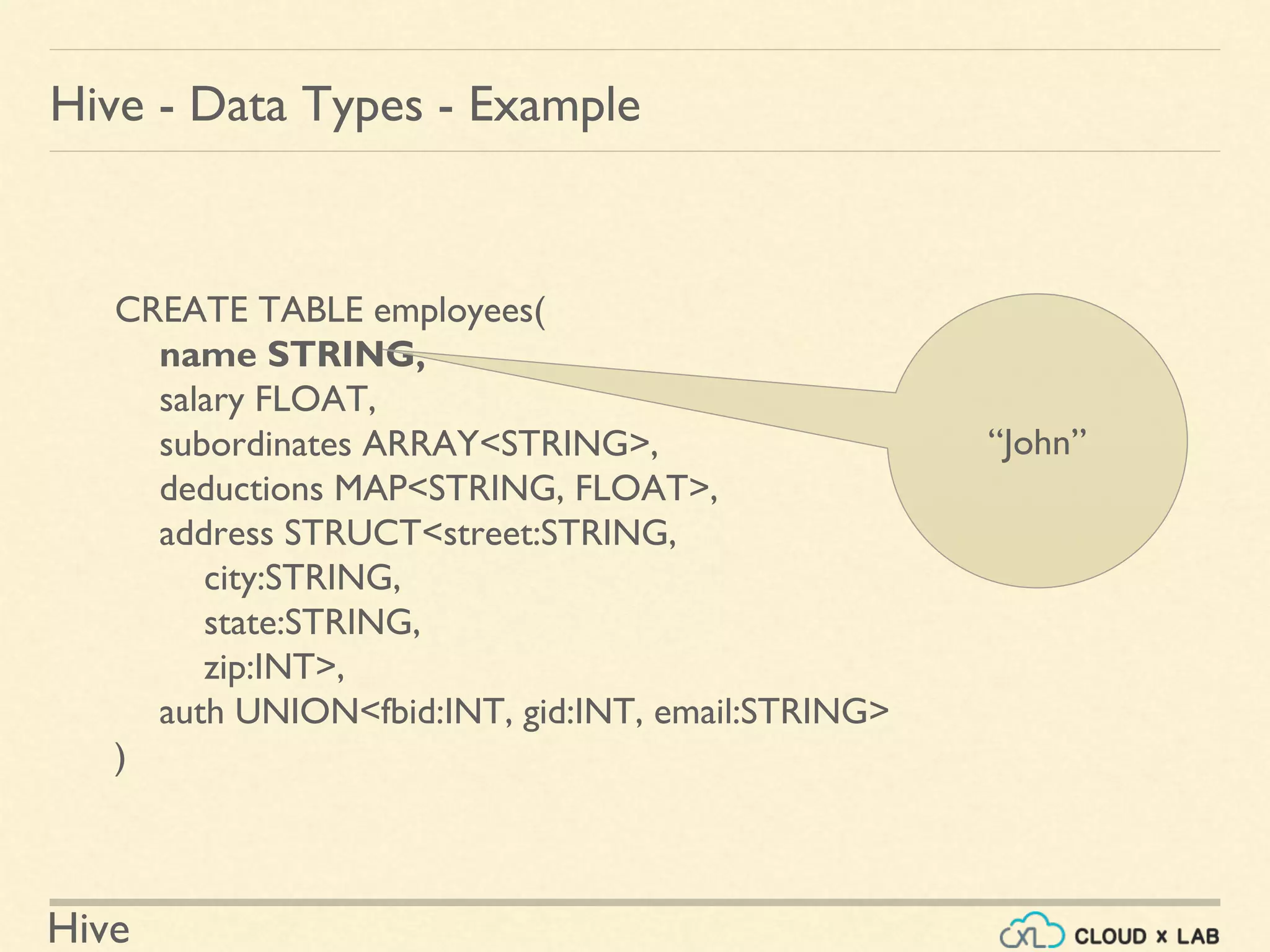 Hive
Hive - Data Types - Example
CREATE TABLE employees(
name STRING,
salary FLOAT,
subordinates ARRAY<STRING>,
deductions MAP<STRING, FLOAT>,
address STRUCT<street:STRING,
city:STRING,
state:STRING,
zip:INT>,
auth UNION<fbid:INT, gid:INT, email:STRING>
)
“John”
 
