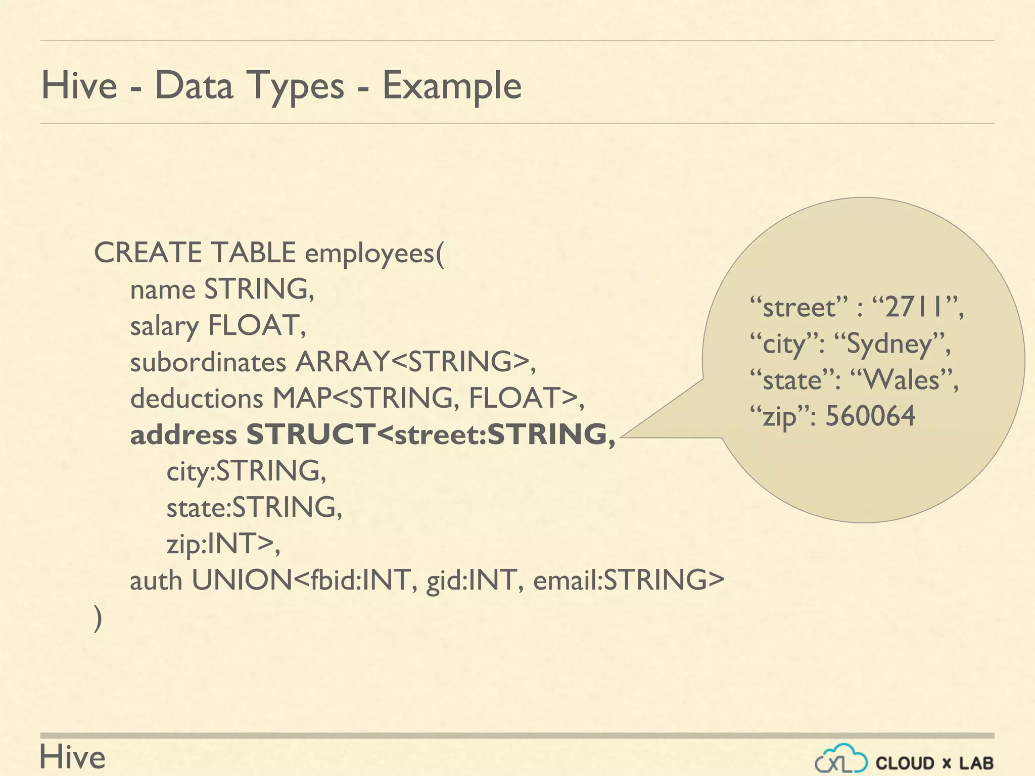 Hive
Hive - Data Types - Example
CREATE TABLE employees(
name STRING,
salary FLOAT,
subordinates ARRAY<STRING>,
deductions MAP<STRING, FLOAT>,
address STRUCT<street:STRING,
city:STRING,
state:STRING,
zip:INT>,
auth UNION<fbid:INT, gid:INT, email:STRING>
)
“street” : “2711”,
“city”: “Sydney”,
“state”: “Wales”,
“zip”: 560064
 