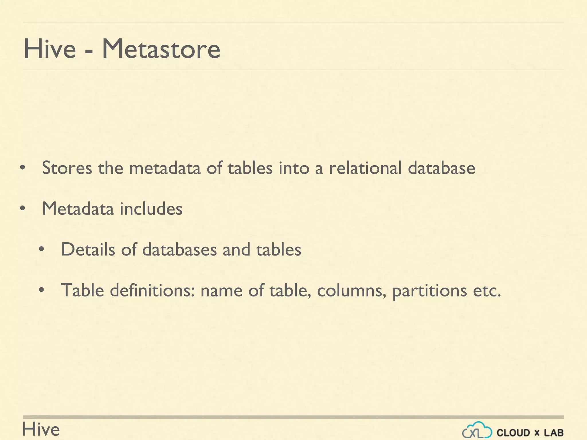 Hive
• Stores the metadata of tables into a relational database
• Metadata includes
• Details of databases and tables
• Table definitions: name of table, columns, partitions etc.
Hive - Metastore
 