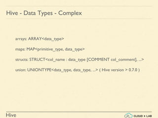 Hive
Hive - Data Types - Complex
arrays: ARRAY<data_type>
maps: MAP<primitive_type, data_type>
structs: STRUCT<col_name : data_type [COMMENT col_comment], ...>
union: UNIONTYPE<data_type, data_type, ...> ( Hive version > 0.7.0 )
 