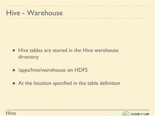 Hive
Hive - Warehouse
● Hive tables are stored in the Hive warehouse
directory
● /apps/hive/warehouse on HDFS
● At the location specified in the table definition
 