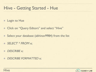 Hive
Hive - Getting Started - Hue
● Login to Hue
● Click on “Query Editors” and select “Hive”
● Select your database (abhinav9984) from the list
● SELECT * FROM x;
● DESCRIBE x;
● DESCRIBE FORMATTED x;
 