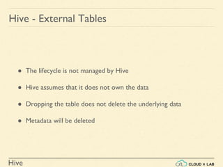 Hive
● The lifecycle is not managed by Hive
● Hive assumes that it does not own the data
● Dropping the table does not delete the underlying data
● Metadata will be deleted
Hive - External Tables
 