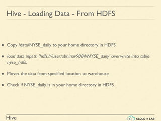 Hive
Hive - Loading Data - From HDFS
● Copy /data/NYSE_daily to your home directory in HDFS
● load data inpath 'hdfs:///user/abhinav9884/NYSE_daily' overwrite into table
nyse_hdfs;
● Moves the data from specified location to warehouse
● Check if NYSE_daily is in your home directory in HDFS
 