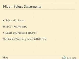 Hive
Hive - Select Statements
● Select all columns
SELECT * FROM nyse;
● Select only required columns
SELECT exchange1, symbol1 FROM nyse;
 