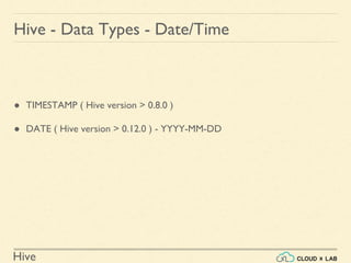 Hive
Hive - Data Types - Date/Time
● TIMESTAMP ( Hive version > 0.8.0 )
● DATE ( Hive version > 0.12.0 ) - YYYY-MM-DD
 