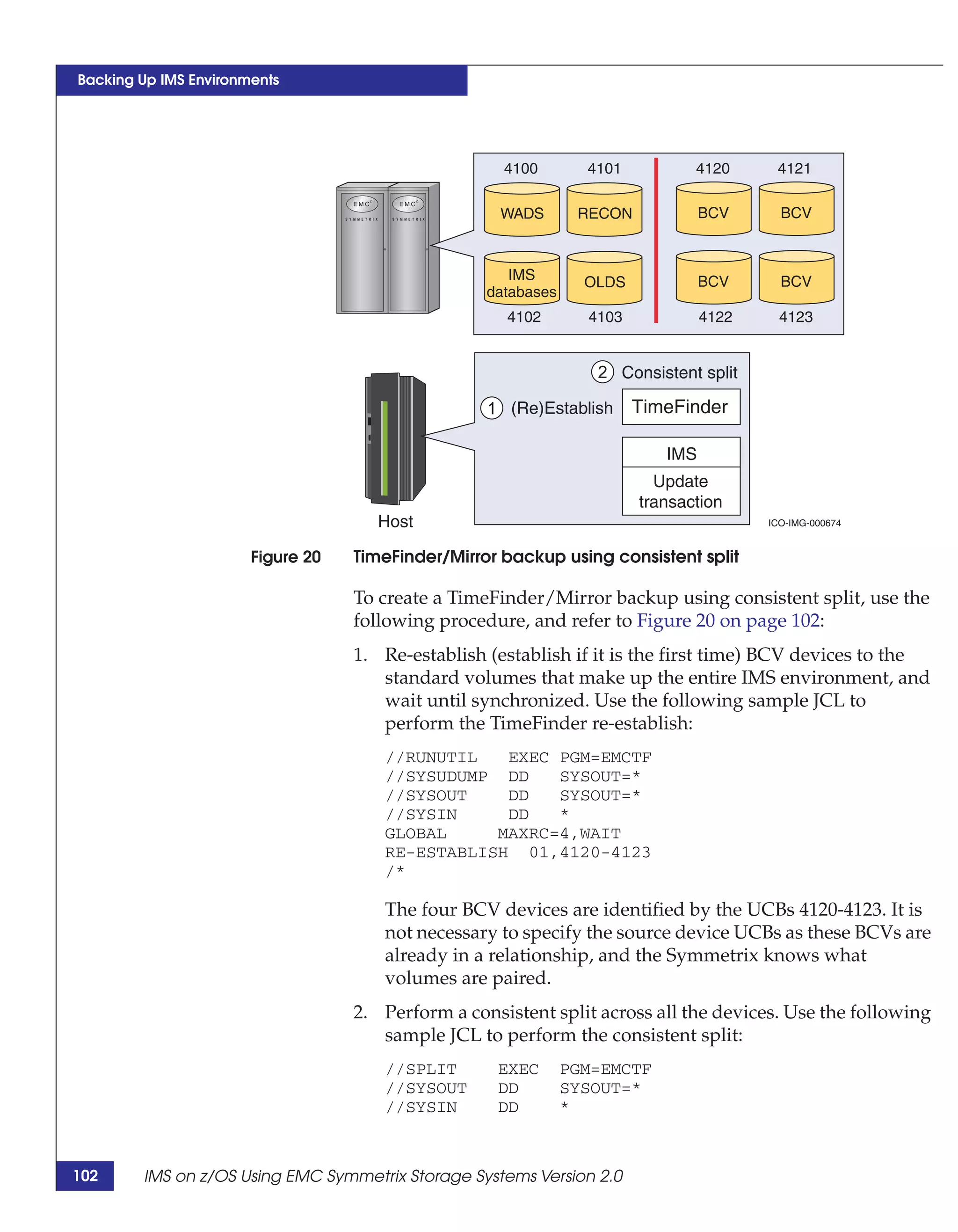 Backing Up IMS Environments




                                                     4100        4101          4120      4121

                                                     WADS       RECON            BCV      BCV



                                                      IMS        OLDS            BCV      BCV
                                                   databases
                                                     4102        4103            4122     4123


                                                                  2 Consistent split

                                                   1 (Re)Establish      TimeFinder

                                                                           IMS
                                                                          Update
                                                                        transaction
                                      Host                                              ICO-IMG-000674


                       Figure 20   TimeFinder/Mirror backup using consistent split

                                   To create a TimeFinder/Mirror backup using consistent split, use the
                                   following procedure, and refer to Figure 20 on page 102:
                                   1. Re-establish (establish if it is the first time) BCV devices to the
                                      standard volumes that make up the entire IMS environment, and
                                      wait until synchronized. Use the following sample JCL to
                                      perform the TimeFinder re-establish:
                                      //RUNUTIL   EXEC PGM=EMCTF
                                      //SYSUDUMP DD    SYSOUT=*
                                      //SYSOUT    DD   SYSOUT=*
                                      //SYSIN     DD   *
                                      GLOBAL     MAXRC=4,WAIT
                                      RE-ESTABLISH 01,4120-4123
                                      /*

                                      The four BCV devices are identified by the UCBs 4120-4123. It is
                                      not necessary to specify the source device UCBs as these BCVs are
                                      already in a relationship, and the Symmetrix knows what
                                      volumes are paired.
                                   2. Perform a consistent split across all the devices. Use the following
                                      sample JCL to perform the consistent split:
                                      //SPLIT       EXEC       PGM=EMCTF
                                      //SYSOUT      DD         SYSOUT=*
                                      //SYSIN       DD         *



102     IMS on z/OS Using EMC Symmetrix Storage Systems Version 2.0
 