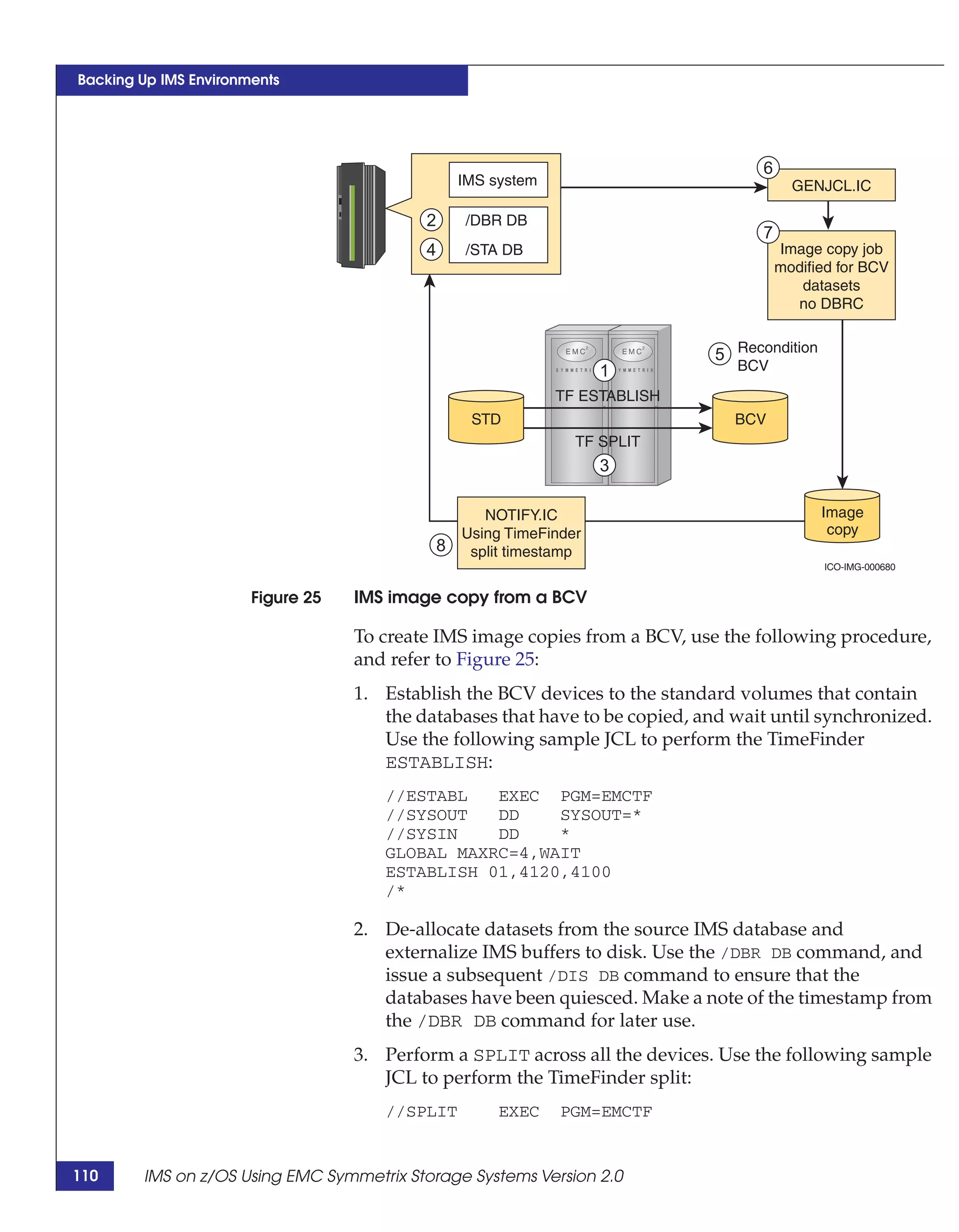 Backing Up IMS Environments




                                                                                     6
                                                   IMS system                              GENJCL.IC

                                           2       /DBR DB
                                                                                     7
                                           4       /STA DB                               Image copy job
                                                                                         modified for BCV
                                                                                            datasets
                                                                                           no DBRC


                                                                               5 Recondition
                                                                      1          BCV
                                                                TF ESTABLISH
                                                    STD                          BCV
                                                                  TF SPLIT
                                                                      3

                                                      NOTIFY.IC                                Image
                                                   Using TimeFinder                             copy
                                               8    split timestamp
                                                                                               ICO-IMG-000680


                       Figure 25   IMS image copy from a BCV

                                   To create IMS image copies from a BCV, use the following procedure,
                                   and refer to Figure 25:
                                   1. Establish the BCV devices to the standard volumes that contain
                                      the databases that have to be copied, and wait until synchronized.
                                      Use the following sample JCL to perform the TimeFinder
                                      ESTABLISH:
                                      //ESTABL   EXEC PGM=EMCTF
                                      //SYSOUT   DD    SYSOUT=*
                                      //SYSIN    DD    *
                                      GLOBAL MAXRC=4,WAIT
                                      ESTABLISH 01,4120,4100
                                      /*

                                   2. De-allocate datasets from the source IMS database and
                                      externalize IMS buffers to disk. Use the /DBR DB command, and
                                      issue a subsequent /DIS DB command to ensure that the
                                      databases have been quiesced. Make a note of the timestamp from
                                      the /DBR DB command for later use.
                                   3. Perform a SPLIT across all the devices. Use the following sample
                                      JCL to perform the TimeFinder split:
                                      //SPLIT           EXEC    PGM=EMCTF


110     IMS on z/OS Using EMC Symmetrix Storage Systems Version 2.0
 