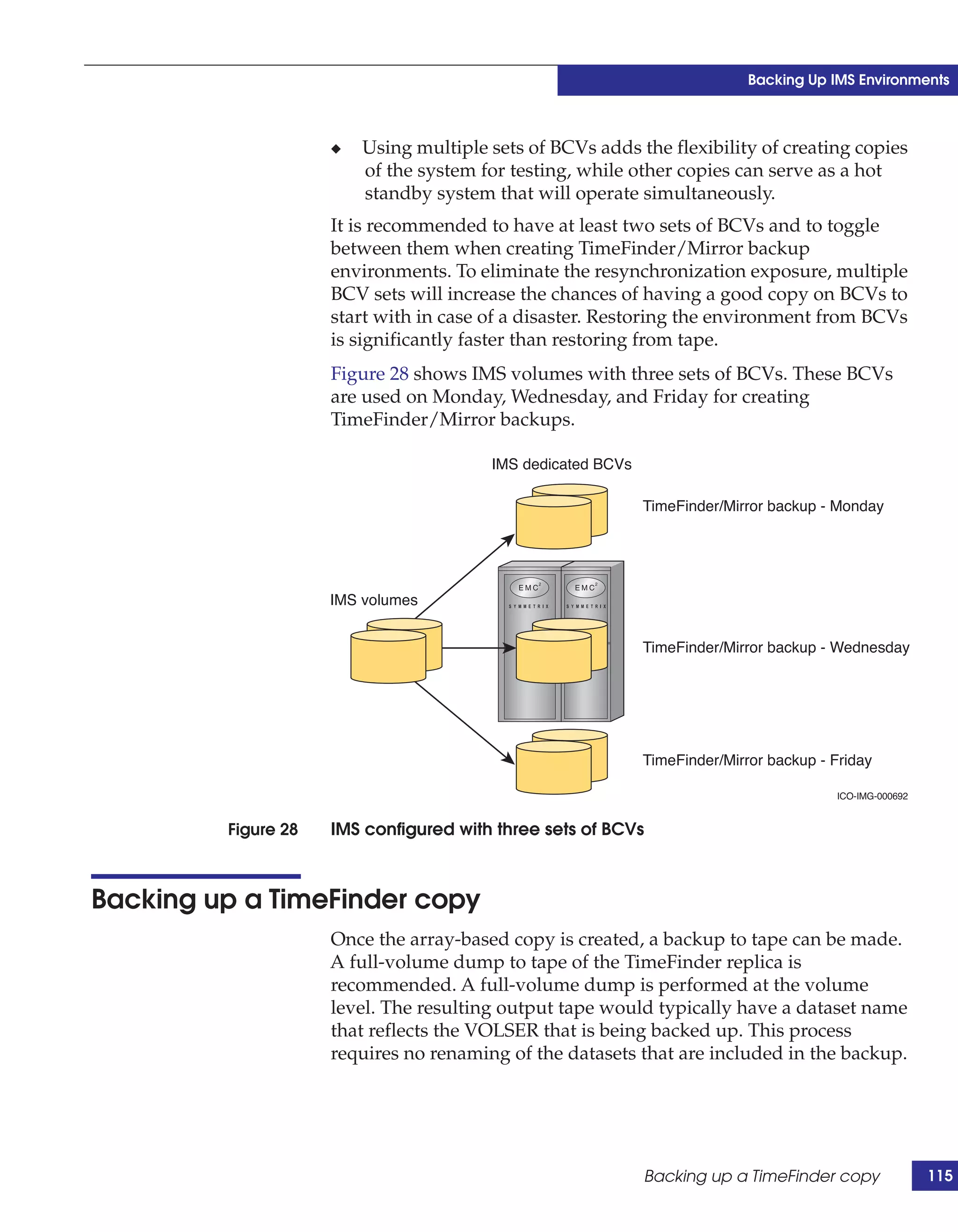 Backing Up IMS Environments



                     ◆   Using multiple sets of BCVs adds the flexibility of creating copies
                         of the system for testing, while other copies can serve as a hot
                         standby system that will operate simultaneously.
                     It is recommended to have at least two sets of BCVs and to toggle
                     between them when creating TimeFinder/Mirror backup
                     environments. To eliminate the resynchronization exposure, multiple
                     BCV sets will increase the chances of having a good copy on BCVs to
                     start with in case of a disaster. Restoring the environment from BCVs
                     is significantly faster than restoring from tape.
                     Figure 28 shows IMS volumes with three sets of BCVs. These BCVs
                     are used on Monday, Wednesday, and Friday for creating
                     TimeFinder/Mirror backups.

                                        IMS dedicated BCVs

                                                             TimeFinder/Mirror backup - Monday




                     IMS volumes


                                                             TimeFinder/Mirror backup - Wednesday




                                                             TimeFinder/Mirror backup - Friday

                                                                                        ICO-IMG-000692


         Figure 28   IMS configured with three sets of BCVs



Backing up a TimeFinder copy
                     Once the array-based copy is created, a backup to tape can be made.
                     A full-volume dump to tape of the TimeFinder replica is
                     recommended. A full-volume dump is performed at the volume
                     level. The resulting output tape would typically have a dataset name
                     that reflects the VOLSER that is being backed up. This process
                     requires no renaming of the datasets that are included in the backup.




                                                             Backing up a TimeFinder copy                115
 