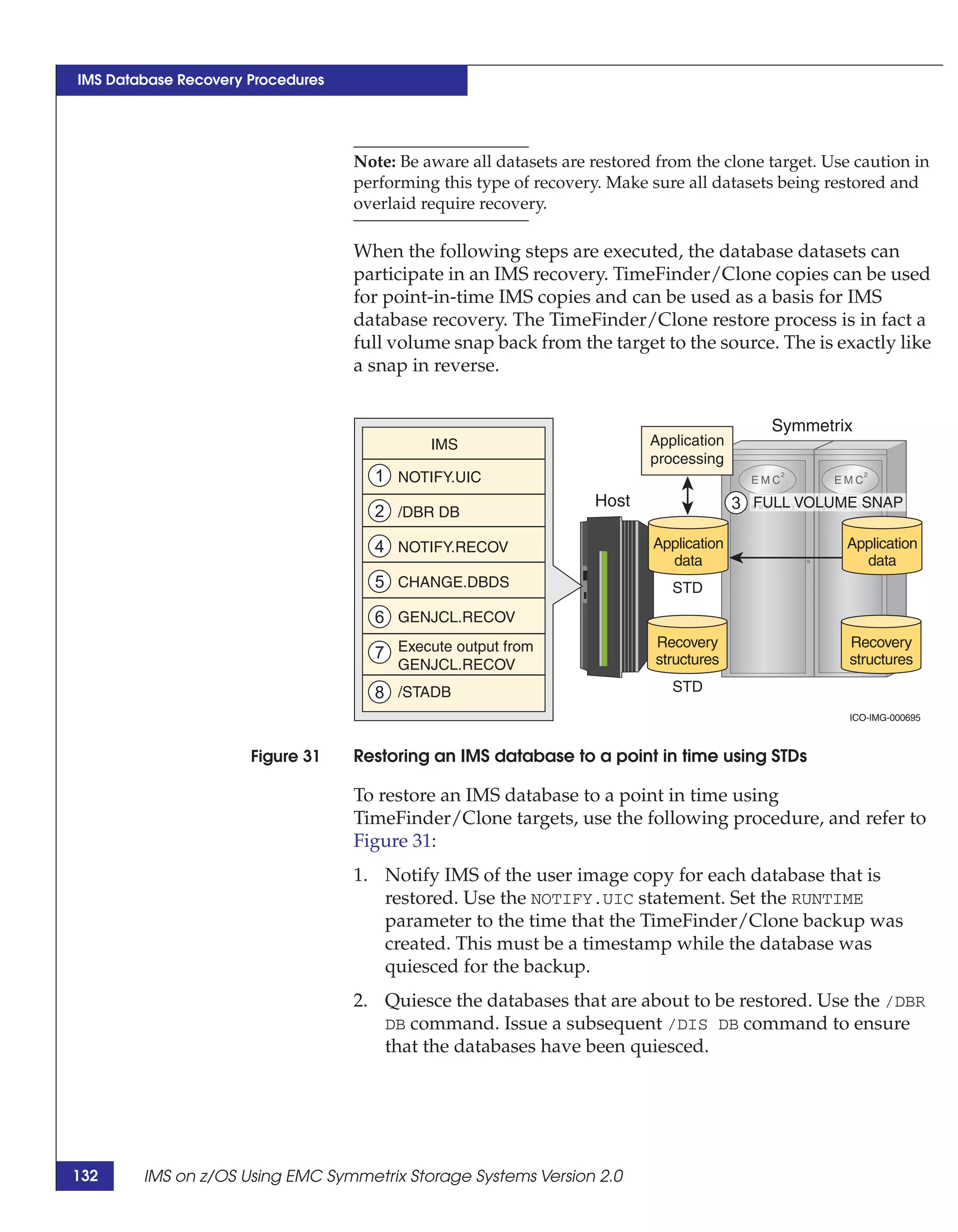 IMS Database Recovery Procedures




                                   Note: Be aware all datasets are restored from the clone target. Use caution in
                                   performing this type of recovery. Make sure all datasets being restored and
                                   overlaid require recovery.

                                   When the following steps are executed, the database datasets can
                                   participate in an IMS recovery. TimeFinder/Clone copies can be used
                                   for point-in-time IMS copies and can be used as a basis for IMS
                                   database recovery. The TimeFinder/Clone restore process is in fact a
                                   full volume snap back from the target to the source. The is exactly like
                                   a snap in reverse.


                                                                                             Symmetrix
                                             IMS                           Application
                                                                           processing
                                     1 NOTIFY.UIC

                                     2 /DBR DB
                                                                   Host                  3 FULL VOLUME SNAP

                                     4 NOTIFY.RECOV                        Application               Application
                                                                             data                      data
                                     5 CHANGE.DBDS                            STD
                                     6 GENJCL.RECOV
                                                                           Recovery                   Recovery
                                     7 Execute output from                 structures                 structures
                                         GENJCL.RECOV
                                     8 /STADB                                 STD
                                                                                                      ICO-IMG-000695



                      Figure 31    Restoring an IMS database to a point in time using STDs

                                   To restore an IMS database to a point in time using
                                   TimeFinder/Clone targets, use the following procedure, and refer to
                                   Figure 31:
                                   1. Notify IMS of the user image copy for each database that is
                                      restored. Use the NOTIFY.UIC statement. Set the RUNTIME
                                      parameter to the time that the TimeFinder/Clone backup was
                                      created. This must be a timestamp while the database was
                                      quiesced for the backup.
                                   2. Quiesce the databases that are about to be restored. Use the /DBR
                                      DB command. Issue a subsequent /DIS DB command to ensure
                                      that the databases have been quiesced.




132     IMS on z/OS Using EMC Symmetrix Storage Systems Version 2.0
 