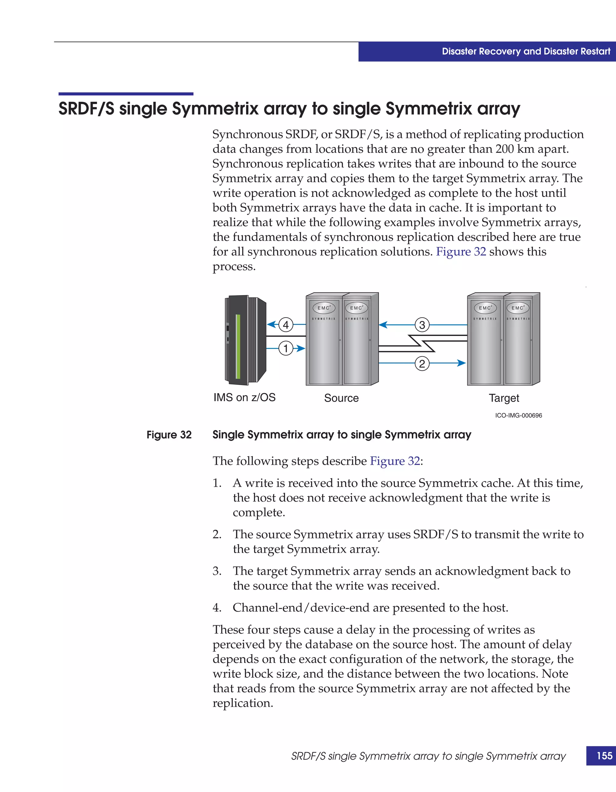 Disaster Recovery and Disaster Restart




SRDF/S single Symmetrix array to single Symmetrix array
                      Synchronous SRDF, or SRDF/S, is a method of replicating production
                      data changes from locations that are no greater than 200 km apart.
                      Synchronous replication takes writes that are inbound to the source
                      Symmetrix array and copies them to the target Symmetrix array. The
                      write operation is not acknowledged as complete to the host until
                      both Symmetrix arrays have the data in cache. It is important to
                      realize that while the following examples involve Symmetrix arrays,
                      the fundamentals of synchronous replication described here are true
                      for all synchronous replication solutions. Figure 32 shows this
                      process.
                                                                                                      .




                                    4                            3

                                    1
                                                                 2


                      IMS on z/OS             Source                            Target
                                                                                  ICO-IMG-000696


          Figure 32   Single Symmetrix array to single Symmetrix array

                      The following steps describe Figure 32:
                      1. A write is received into the source Symmetrix cache. At this time,
                         the host does not receive acknowledgment that the write is
                         complete.
                      2. The source Symmetrix array uses SRDF/S to transmit the write to
                         the target Symmetrix array.
                      3. The target Symmetrix array sends an acknowledgment back to
                         the source that the write was received.
                      4. Channel-end/device-end are presented to the host.
                      These four steps cause a delay in the processing of writes as
                      perceived by the database on the source host. The amount of delay
                      depends on the exact configuration of the network, the storage, the
                      write block size, and the distance between the two locations. Note
                      that reads from the source Symmetrix array are not affected by the
                      replication.



                                        SRDF/S single Symmetrix array to single Symmetrix array           155
 