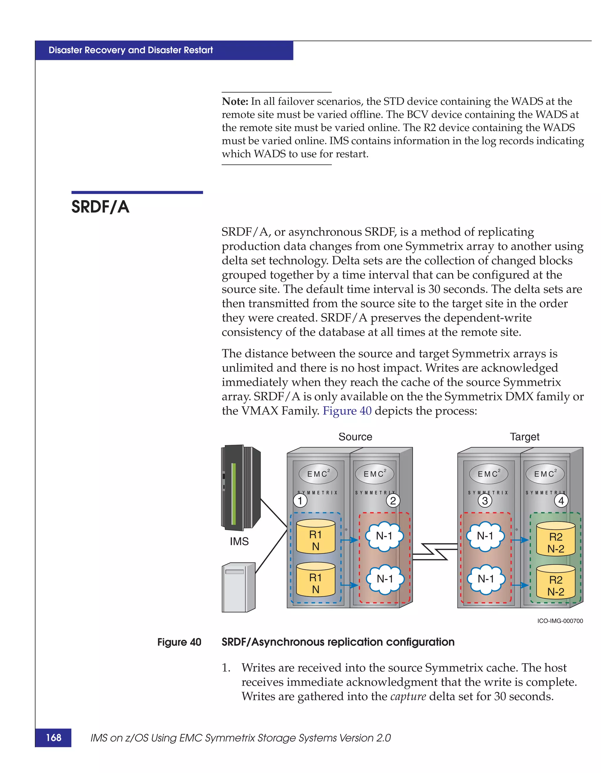 Disaster Recovery and Disaster Restart




                                         Note: In all failover scenarios, the STD device containing the WADS at the
                                         remote site must be varied offline. The BCV device containing the WADS at
                                         the remote site must be varied online. The R2 device containing the WADS
                                         must be varied online. IMS contains information in the log records indicating
                                         which WADS to use for restart.




      SRDF/A
                                         SRDF/A, or asynchronous SRDF, is a method of replicating
                                         production data changes from one Symmetrix array to another using
                                         delta set technology. Delta sets are the collection of changed blocks
                                         grouped together by a time interval that can be configured at the
                                         source site. The default time interval is 30 seconds. The delta sets are
                                         then transmitted from the source site to the target site in the order
                                         they were created. SRDF/A preserves the dependent-write
                                         consistency of the database at all times at the remote site.
                                         The distance between the source and target Symmetrix arrays is
                                         unlimited and there is no host impact. Writes are acknowledged
                                         immediately when they reach the cache of the source Symmetrix
                                         array. SRDF/A is only available on the the Symmetrix DMX family or
                                         the VMAX Family. Figure 40 depicts the process:

                                                                  Source                              Target




                                                         1                   2                  3                 4


                                                             R1            N-1                 N-1             R2
                                          IMS                N                                                 N-2

                                                             R1            N-1                 N-1             R2
                                                             N                                                 N-2

                                                                                                            ICO-IMG-000700


                         Figure 40       SRDF/Asynchronous replication configuration

                                         1. Writes are received into the source Symmetrix cache. The host
                                            receives immediate acknowledgment that the write is complete.
                                            Writes are gathered into the capture delta set for 30 seconds.


168      IMS on z/OS Using EMC Symmetrix Storage Systems Version 2.0
 