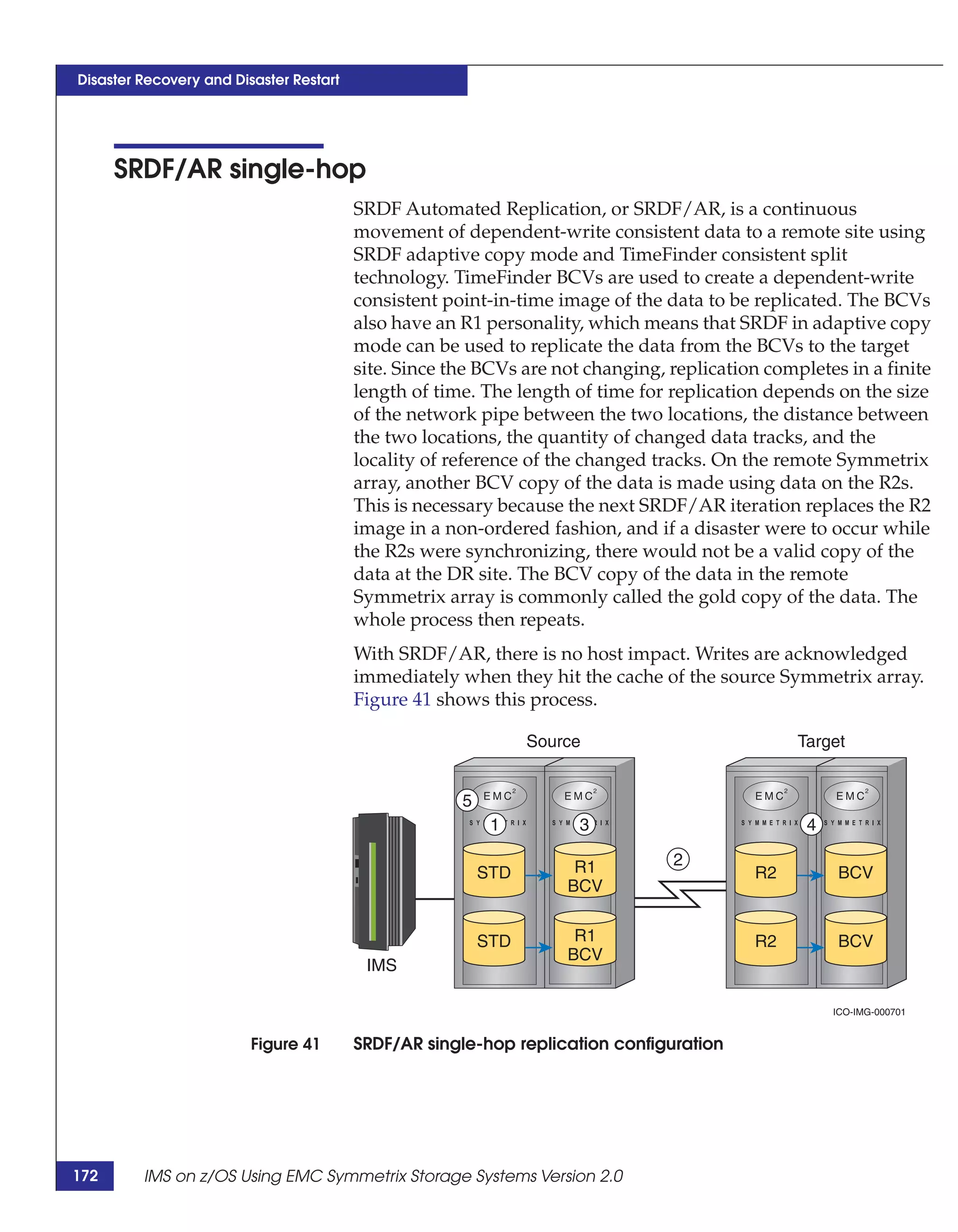 Disaster Recovery and Disaster Restart




      SRDF/AR single-hop
                                         SRDF Automated Replication, or SRDF/AR, is a continuous
                                         movement of dependent-write consistent data to a remote site using
                                         SRDF adaptive copy mode and TimeFinder consistent split
                                         technology. TimeFinder BCVs are used to create a dependent-write
                                         consistent point-in-time image of the data to be replicated. The BCVs
                                         also have an R1 personality, which means that SRDF in adaptive copy
                                         mode can be used to replicate the data from the BCVs to the target
                                         site. Since the BCVs are not changing, replication completes in a finite
                                         length of time. The length of time for replication depends on the size
                                         of the network pipe between the two locations, the distance between
                                         the two locations, the quantity of changed data tracks, and the
                                         locality of reference of the changed tracks. On the remote Symmetrix
                                         array, another BCV copy of the data is made using data on the R2s.
                                         This is necessary because the next SRDF/AR iteration replaces the R2
                                         image in a non-ordered fashion, and if a disaster were to occur while
                                         the R2s were synchronizing, there would not be a valid copy of the
                                         data at the DR site. The BCV copy of the data in the remote
                                         Symmetrix array is commonly called the gold copy of the data. The
                                         whole process then repeats.
                                         With SRDF/AR, there is no host impact. Writes are acknowledged
                                         immediately when they hit the cache of the source Symmetrix array.
                                         Figure 41 shows this process.

                                                                Source                          Target


                                                      5
                                                           1         3                           4

                                                                     R1         2
                                                          STD                              R2        BCV
                                                                    BCV


                                                          STD        R1                    R2        BCV
                                                                    BCV
                                          IMS

                                                                                                     ICO-IMG-000701


                         Figure 41       SRDF/AR single-hop replication configuration




172      IMS on z/OS Using EMC Symmetrix Storage Systems Version 2.0
 