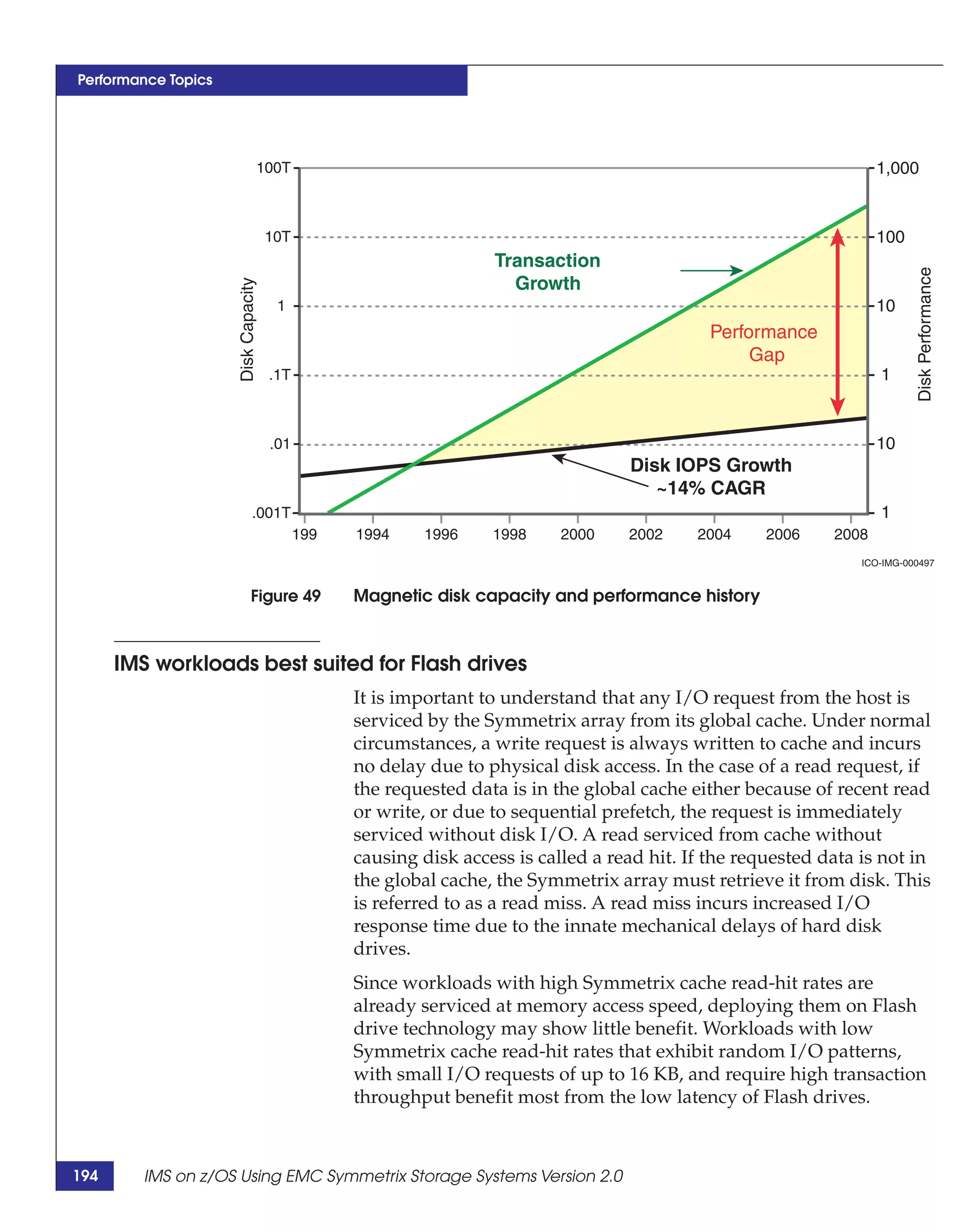 Performance Topics




                                 100T                                                                               1,000


                                     10T                                                                            100
                                                                  Transaction




                                                                                                                           Disk Performance
                                                                    Growth
                     Disk Capacity


                                      1                                                                             10
                                                                                              Performance
                                                                                                   Gap
                                     .1T                                                                            1



                                     .01                                                                            10
                                                                                   Disk IOPS Growth
                                                                                      ~14% CAGR
                              .001T                                                                                 1
                                           199   1994    1996     1998     2000    2002     2004     2006    2008
                                                                                                                 ICO-IMG-000497


                             Figure 49           Magnetic disk capacity and performance history



      IMS workloads best suited for Flash drives
                                                 It is important to understand that any I/O request from the host is
                                                 serviced by the Symmetrix array from its global cache. Under normal
                                                 circumstances, a write request is always written to cache and incurs
                                                 no delay due to physical disk access. In the case of a read request, if
                                                 the requested data is in the global cache either because of recent read
                                                 or write, or due to sequential prefetch, the request is immediately
                                                 serviced without disk I/O. A read serviced from cache without
                                                 causing disk access is called a read hit. If the requested data is not in
                                                 the global cache, the Symmetrix array must retrieve it from disk. This
                                                 is referred to as a read miss. A read miss incurs increased I/O
                                                 response time due to the innate mechanical delays of hard disk
                                                 drives.
                                                 Since workloads with high Symmetrix cache read-hit rates are
                                                 already serviced at memory access speed, deploying them on Flash
                                                 drive technology may show little benefit. Workloads with low
                                                 Symmetrix cache read-hit rates that exhibit random I/O patterns,
                                                 with small I/O requests of up to 16 KB, and require high transaction
                                                 throughput benefit most from the low latency of Flash drives.



194      IMS on z/OS Using EMC Symmetrix Storage Systems Version 2.0
 