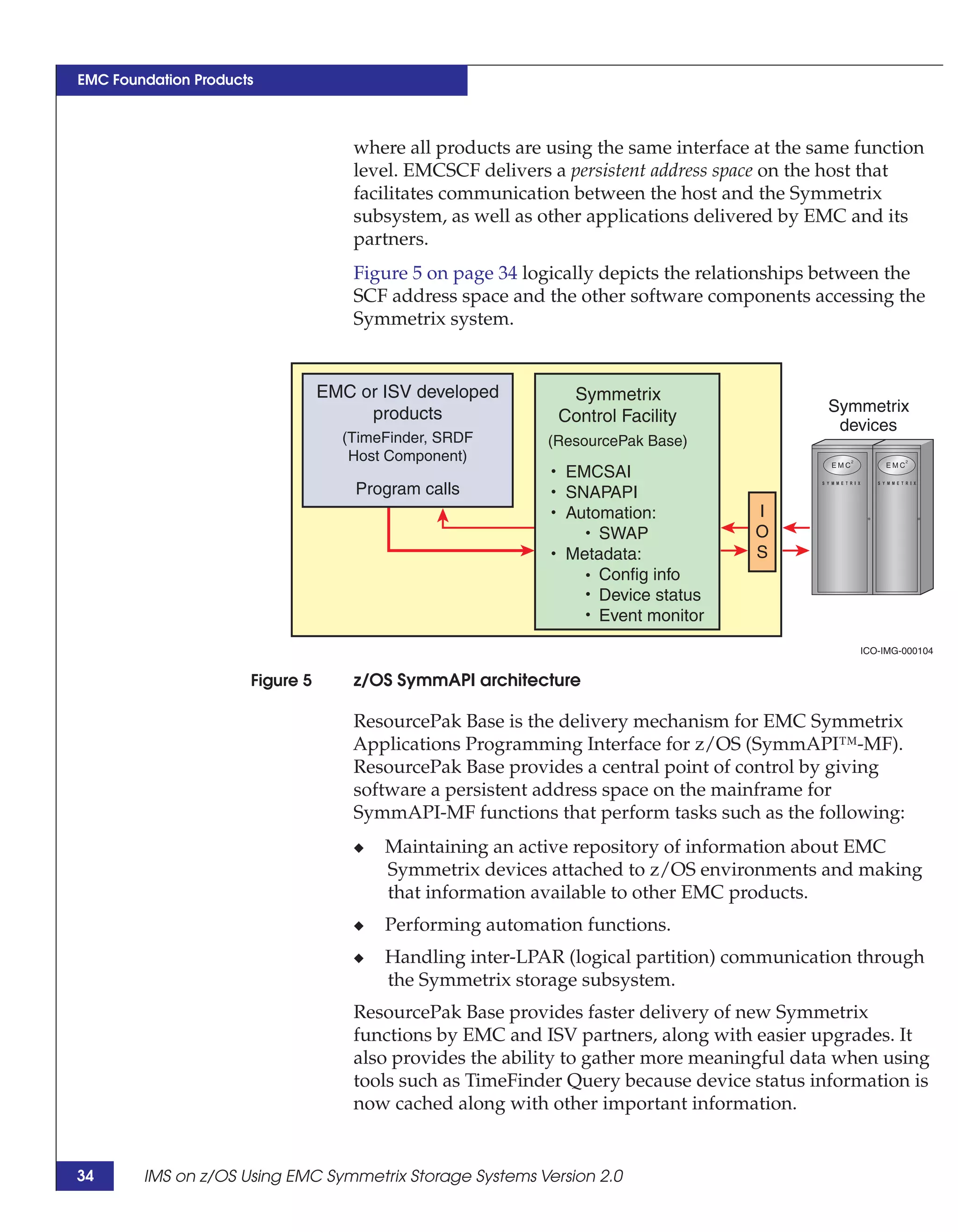 EMC Foundation Products



                                     where all products are using the same interface at the same function
                                     level. EMCSCF delivers a persistent address space on the host that
                                     facilitates communication between the host and the Symmetrix
                                     subsystem, as well as other applications delivered by EMC and its
                                     partners.
                                     Figure 5 on page 34 logically depicts the relationships between the
                                     SCF address space and the other software components accessing the
                                     Symmetrix system.


                                 EMC or ISV developed         Symmetrix
                                      products                                               Symmetrix
                                                             Control Facility                 devices
                                   (TimeFinder, SRDF        (ResourcePak Base)
                                    Host Component)
                                                              EMCSAI
                                     Program calls            SNAPAPI
                                                              Automation:           I
                                                                  SWAP              O
                                                              Metadata:             S
                                                                  Config info
                                                                  Device status
                                                                  Event monitor
                                                                                                 ICO-IMG-000104


                      Figure 5       z/OS SymmAPI architecture

                                    ResourcePak Base is the delivery mechanism for EMC Symmetrix
                                    Applications Programming Interface for z/OS (SymmAPI™-MF).
                                    ResourcePak Base provides a central point of control by giving
                                    software a persistent address space on the mainframe for
                                    SymmAPI-MF functions that perform tasks such as the following:
                                     ◆   Maintaining an active repository of information about EMC
                                         Symmetrix devices attached to z/OS environments and making
                                         that information available to other EMC products.
                                     ◆   Performing automation functions.
                                     ◆   Handling inter-LPAR (logical partition) communication through
                                         the Symmetrix storage subsystem.
                                     ResourcePak Base provides faster delivery of new Symmetrix
                                     functions by EMC and ISV partners, along with easier upgrades. It
                                     also provides the ability to gather more meaningful data when using
                                     tools such as TimeFinder Query because device status information is
                                     now cached along with other important information.


34      IMS on z/OS Using EMC Symmetrix Storage Systems Version 2.0
 