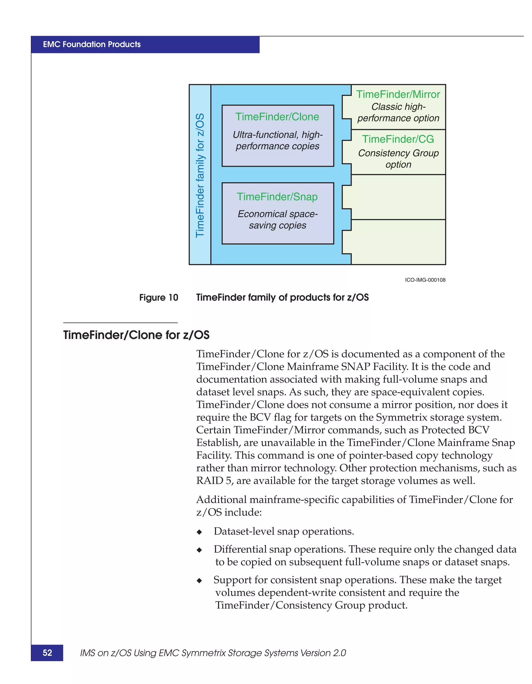 EMC Foundation Products




                                                                                                TimeFinder/Mirror
                                                                                                   Classic high-
                                                                   TimeFinder/Clone




                                  TimeFinder family for z/OS
                                                                                                performance option
                                                                  Ultra-functional, high-
                                                                                                 TimeFinder/CG
                                                                   performance copies
                                                                                                Consistency Group
                                                                                                      option


                                                                   TimeFinder/Snap
                                                                    Economical space-
                                                                      saving copies




                                                                                                          ICO-IMG-000108


                      Figure 10   TimeFinder family of products for z/OS



     TimeFinder/Clone for z/OS
                                  TimeFinder/Clone for z/OS is documented as a component of the
                                  TimeFinder/Clone Mainframe SNAP Facility. It is the code and
                                  documentation associated with making full-volume snaps and
                                  dataset level snaps. As such, they are space-equivalent copies.
                                  TimeFinder/Clone does not consume a mirror position, nor does it
                                  require the BCV flag for targets on the Symmetrix storage system.
                                  Certain TimeFinder/Mirror commands, such as Protected BCV
                                  Establish, are unavailable in the TimeFinder/Clone Mainframe Snap
                                  Facility. This command is one of pointer-based copy technology
                                  rather than mirror technology. Other protection mechanisms, such as
                                  RAID 5, are available for the target storage volumes as well.
                                  Additional mainframe-specific capabilities of TimeFinder/Clone for
                                  z/OS include:
                                  ◆                            Dataset-level snap operations.
                                  ◆                            Differential snap operations. These require only the changed data
                                                               to be copied on subsequent full-volume snaps or dataset snaps.
                                  ◆                            Support for consistent snap operations. These make the target
                                                               volumes dependent-write consistent and require the
                                                               TimeFinder/Consistency Group product.



52      IMS on z/OS Using EMC Symmetrix Storage Systems Version 2.0
 