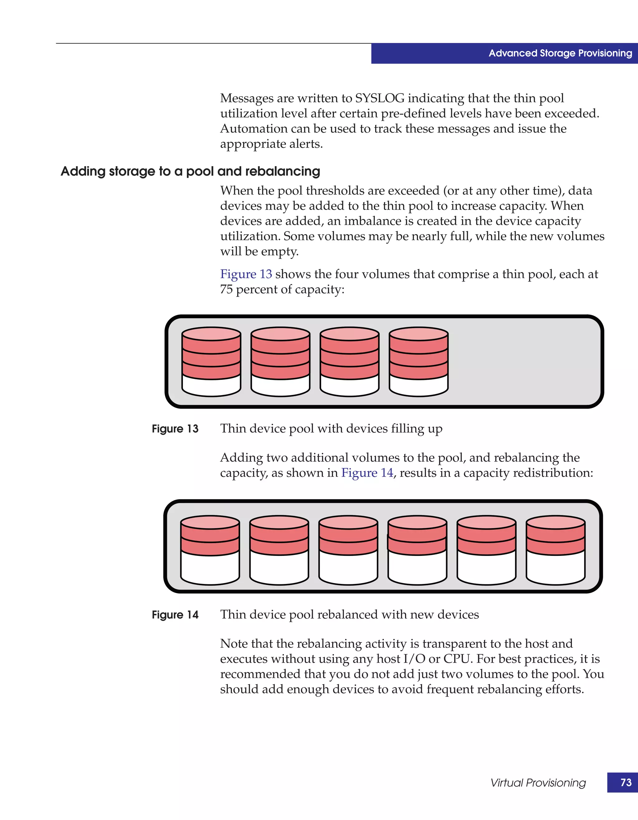 Advanced Storage Provisioning



                           Messages are written to SYSLOG indicating that the thin pool
                           utilization level after certain pre-defined levels have been exceeded.
                           Automation can be used to track these messages and issue the
                           appropriate alerts.

Adding storage to a pool and rebalancing
                         When the pool thresholds are exceeded (or at any other time), data
                         devices may be added to the thin pool to increase capacity. When
                         devices are added, an imbalance is created in the device capacity
                         utilization. Some volumes may be nearly full, while the new volumes
                         will be empty.
                           Figure 13 shows the four volumes that comprise a thin pool, each at
                           75 percent of capacity:




               Figure 13   Thin device pool with devices filling up

                           Adding two additional volumes to the pool, and rebalancing the
                           capacity, as shown in Figure 14, results in a capacity redistribution:




               Figure 14   Thin device pool rebalanced with new devices

                           Note that the rebalancing activity is transparent to the host and
                           executes without using any host I/O or CPU. For best practices, it is
                           recommended that you do not add just two volumes to the pool. You
                           should add enough devices to avoid frequent rebalancing efforts.




                                                                             Virtual Provisioning      73
 