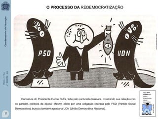 O PROCESSO DA REDEMOCRATIZAÇÃO

História – 9.° Ano
4.° BIMESTRE / 2013

www;mstresdahistoria.com

Caricatura do Presidente Eurico Dutra, feita pelo cartunista Nássara, mostrando sua relação com
os partidos políticos da época. Mesmo eleito por uma coligação liderada pelo PSD (Partido Social
Democrático), buscou também agradar à UDN (União Democrática Nacional).

11

 