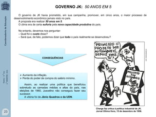 GOVERNO JK: 50 ANOS EM 5
O governo de JK havia prometido, em sua campanha, promover, em cinco anos, o maior processo de
desenvolvimento econômico jamais visto no país.
A proposta era realizar 50 anos em 5.
O clima era de certa euforia pela nova capacidade produtiva do país.
No entanto, devemos nos perguntar:
– Qual foi o custo disso?
– Será que, de fato, podemos dizer que todo o país realmente se desenvolveu?

História – 9.° Ano
4.° BIMESTRE / 2013

CONSEQUÊNCIAS

23

 Aumento da inflação.
 Perda do poder de compra do salário mínimo.
Assim, ao realizar uma política que beneficiou
sobretudo as camadas médias e altas do país, nas
eleições de 1960, Juscelino não conseguiu fazer seu
sucessor.
A vitória foi de Jânio Quadros e da UDN.

Charge faz crítica à política industrial de JK.
Jornal Última Hora, 15 de dezembro de 1956.

novahistorianet..com

Ó

 