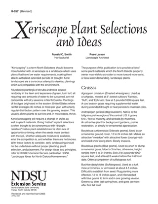 H-957 (Revised)




X                 eriscape Plant Selections
                        and Ideas
                                     Ronald C. Smith                  Rose Larson
                                       Horticulturist              Landscape Architect


“Xeriscaping” is a term North Dakotans should become           The purpose of this publication is to provide a list of
more familiar with. A xeriscape is a landscape which uses      some plant materials which the North Dakota property
plants that have low water requirements, making them           owner may wish to consider to move toward more xeric,
able to withstand extended periods of drought. Xeric           or less water demanding, landscape plants.
landscapes are a conscious attempt to develop plantings
which are compatible with the environment.
Foundation plantings of shrubs and trees located
                                                               Grasses
randomly in the lawn and expanses of green, lush turf, all     Agropyron cristatum (Crested wheatgrass). Used as
requiring vast amounts of water to be sustained, are not       a turfgrass, mowed at 3"; select cultivars ‘Fairway’,
compatible with dry seasons in North Dakota. Plantings         ‘Ruff’, and ‘Ephrium’. Sow at 5 pounds/1000 square feet.
of this type originated in the eastern United States where     A cool season grass requiring supplemental water
rainfall averages 30 inches or more per year, with a fairly    during extended drought or heat periods to maintain color.
regular distribution pattern over the growing season. This
                                                               Andropogon gerardii (Big bluestem). Native to the
usually allows plants to survive and, in most cases, thrive.
                                                               tallgrass prairie region of the central U.S. It grows
Xeric landscaping will require a change in styles as           6 to 7 feet at maturity, and spreads by rhizomes.
well as plant materials. Going “native” in plant selections    An attractive plant for background gardens, prairie
is often thought to be synonymous with “drought                restoration, or simply for ornamental appreciation.
resistant.” Native plant establishment is often one of
                                                               Bouteloua curtipendula (Sideoats grama). Used as an
opportunity or timing; when the seeds make contact
                                                               ornamental ground cover, 12 to 24 inches tall. Makes an
with the soil, whether adequate moisture is available,
                                                               attractive “meadow” with attractive flower (orange-red)
what the competition is, and whether there are herbivores.
                                                               and seed show along stem. Slowly invasive.
With these factors to consider, xeric landscaping should
not be undertaken without proper planning, plant               Bouteloua gracilis (Blue grama). Used as a turf or clump
selection, and placement. For design ideas and principles,     ornamental grass. Mow to 3 inches, otherwise, height
refer to NDSU Extension Service publication H-958,             ranges from 6 to 24 inches. Sow 2 to 3 pounds/1000
“Landscape Ideas for North Dakota Homeowners.”                 square feet, and at least 8 weeks before the first frost
                                                               date. Often a companion of buffalograss turf.
                                                               Buchloe dactyloides (Buffalograss). Used as a turf,
                                                               mow at 3 inches, or unmowed at about 4.5 inches.
                                                               Difficult to establish from seed. Plug planting more
                                                               effective, 12 to 18 inches apart, and interseeded
                                                               with blue grama to form sod in one growing season.
                                                               Greens up after last spring frost, and goes dormant
                                                               after first fall frost.
North Dakota State University
Fargo, North Dakota 58105
Reviewed and reprinted April 2003
APRIL 1997
 