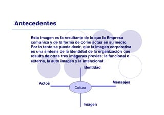 Antecedentes
Esta imagen es la resultante de lo que la Empresa
comunica y de la forma de cómo actúa en su medio.
Por lo tanto se puede decir, que la imagen corporativa
es una síntesis de la identidad de la organización que
resulta de otras tres imágenes previas: la funcional o
externa, la auto imagen y la intencional.
Identidad
Mensajes
Imagen
Actos
Cultura
 