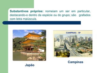 Substantivos próprios: nomeiam um ser em particular,
destacando-o dentro da espécie ou do grupo; são grafados
com letra maiúscula.
Japão
Campinas
 