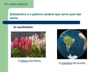 Em outras palavras,
Substantivo é a palavra variável que serve para dar
nome:
às qualidades
A beleza das flores.
A grandeza do mundo.
 