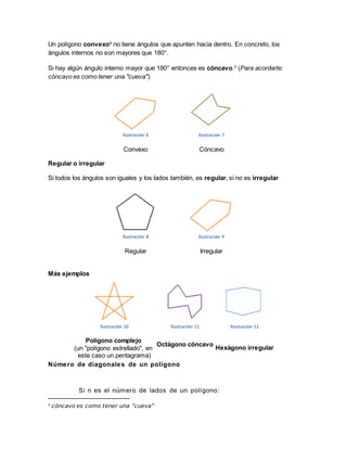Un polígono convexoiii
no tiene ángulos que apunten hacia dentro. En concreto, los
ángulos internos no son mayores que 180°.
Si hay algún ángulo interno mayor que 180° entonces es cóncavo.3
(Para acordarte:
cóncavo es como tener una "cueva")
Ilustración 6 Ilustración 7
Convexo Cóncavo
Regular o irregular
Si todos los ángulos son iguales y los lados también, es regular, si no es irregular
Ilustración 8 Ilustración 9
Regular Irregular
Más ejemplos
Ilustración 10 Ilustración 11 Ilustración 12
Polígono complejo
(un "polígono estrellado", en
este caso un pentagrama)
Octágono cóncavo
Hexágono irregular
Número de diagonales de un polígono
Si n es el número de lados de un polígono:
3 cóncavo es como tener una "cueva"
 